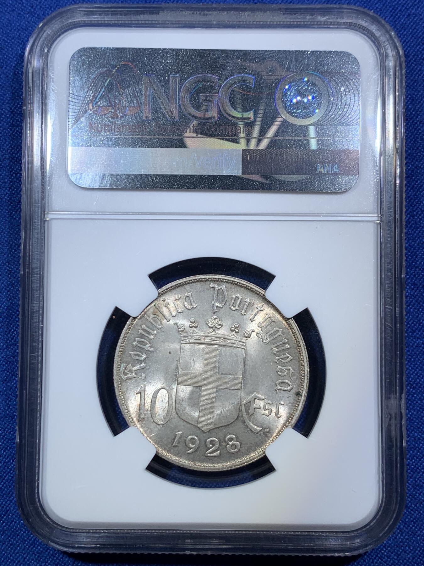 《竞宝斋》第287场-周六， 周日，周一 3场连拍 （全场包邮） NGC MS64葡萄牙1928年奥里基战役10埃斯库多纪念银币