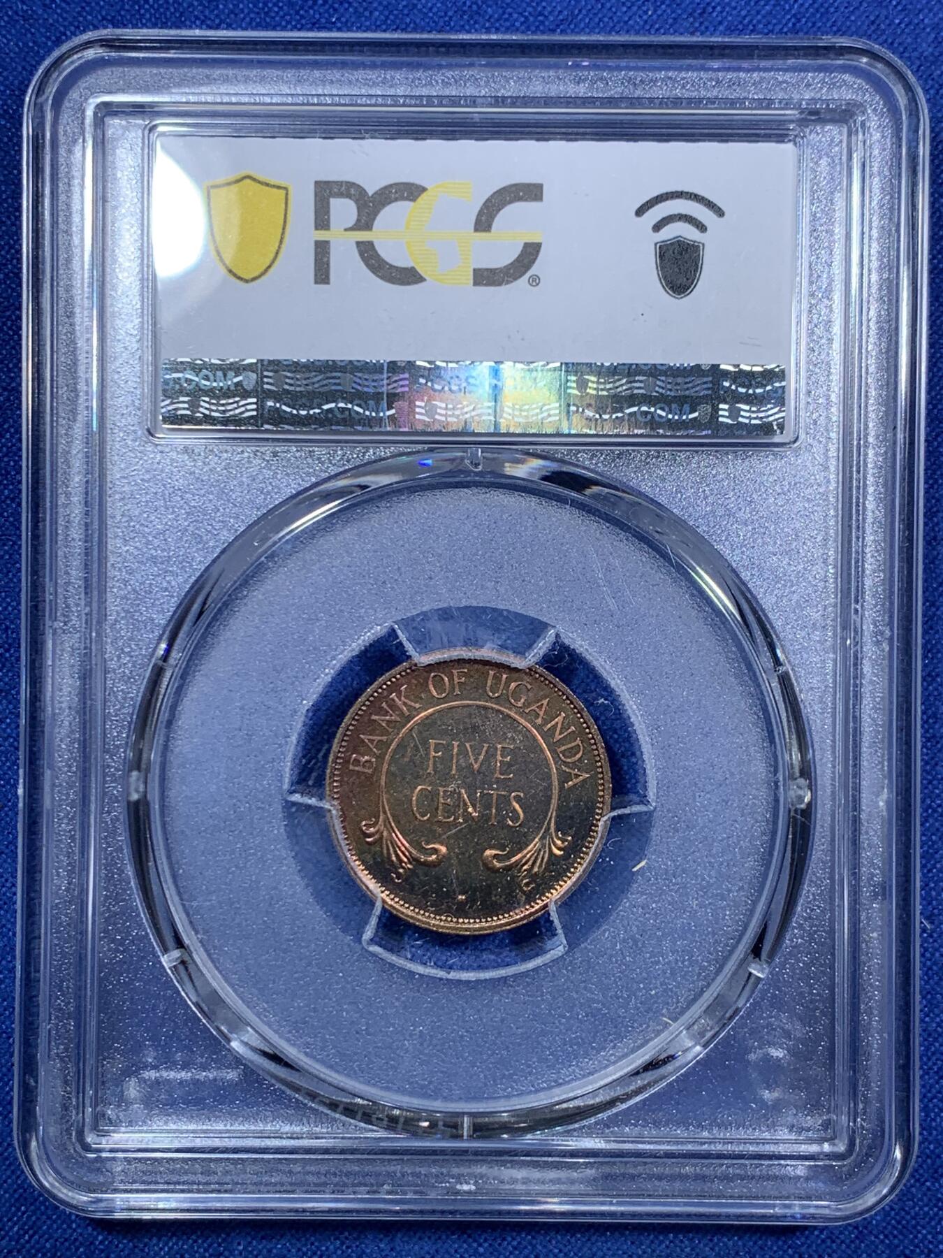 《竞宝斋》第287场-周六， 周日，周一 3场连拍 （全场包邮） PCGS金盾 PR65RB 乌干达1966年首年5分精制铜币