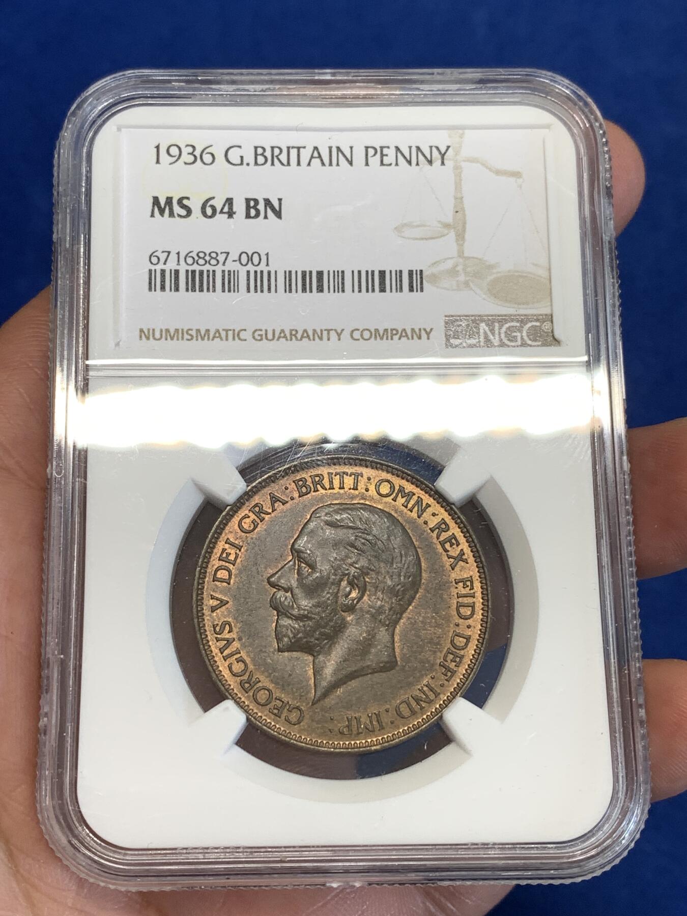 《竞宝斋》第287场-周六， 周日，周一 3场连拍 （全场包邮） NGC MS64BN 英国1936年乔治五世1便士铜币