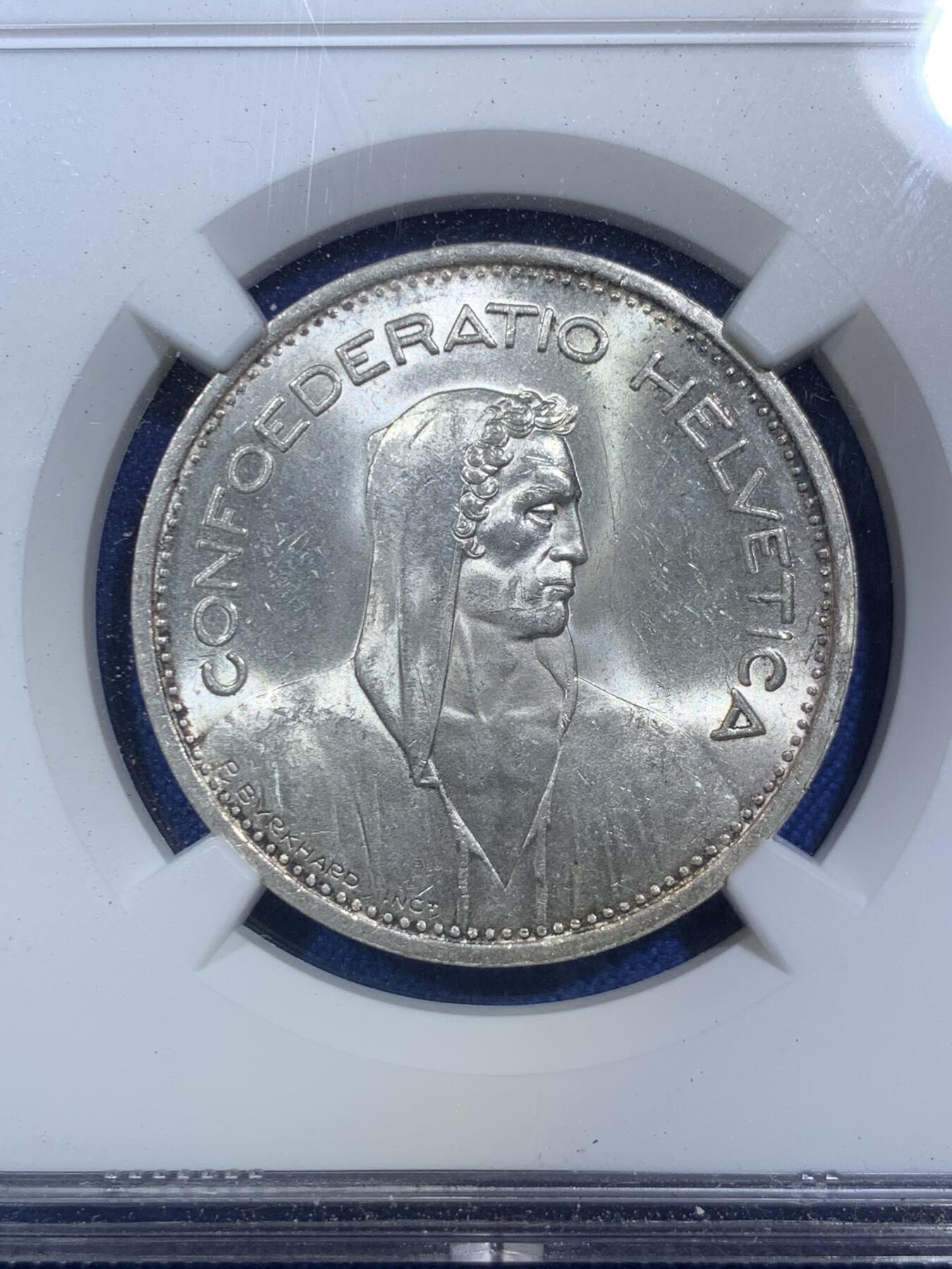 《竞宝斋》第287场-周六， 周日，周一 3场连拍 （全场包邮） NGC MS62 瑞士1953年威廉泰尔5法郎银币