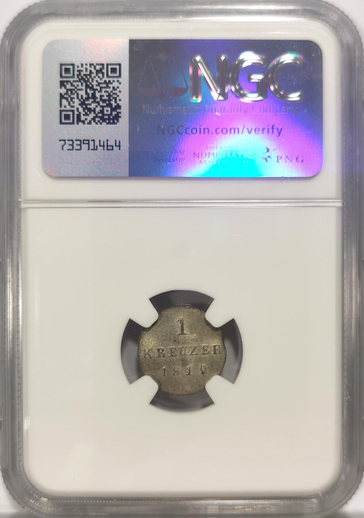 博洋堂世界钱币拍卖第084期（全场包邮） NGC MS64 冠军分！德国黑森1819年盾徽1克鲁泽银币