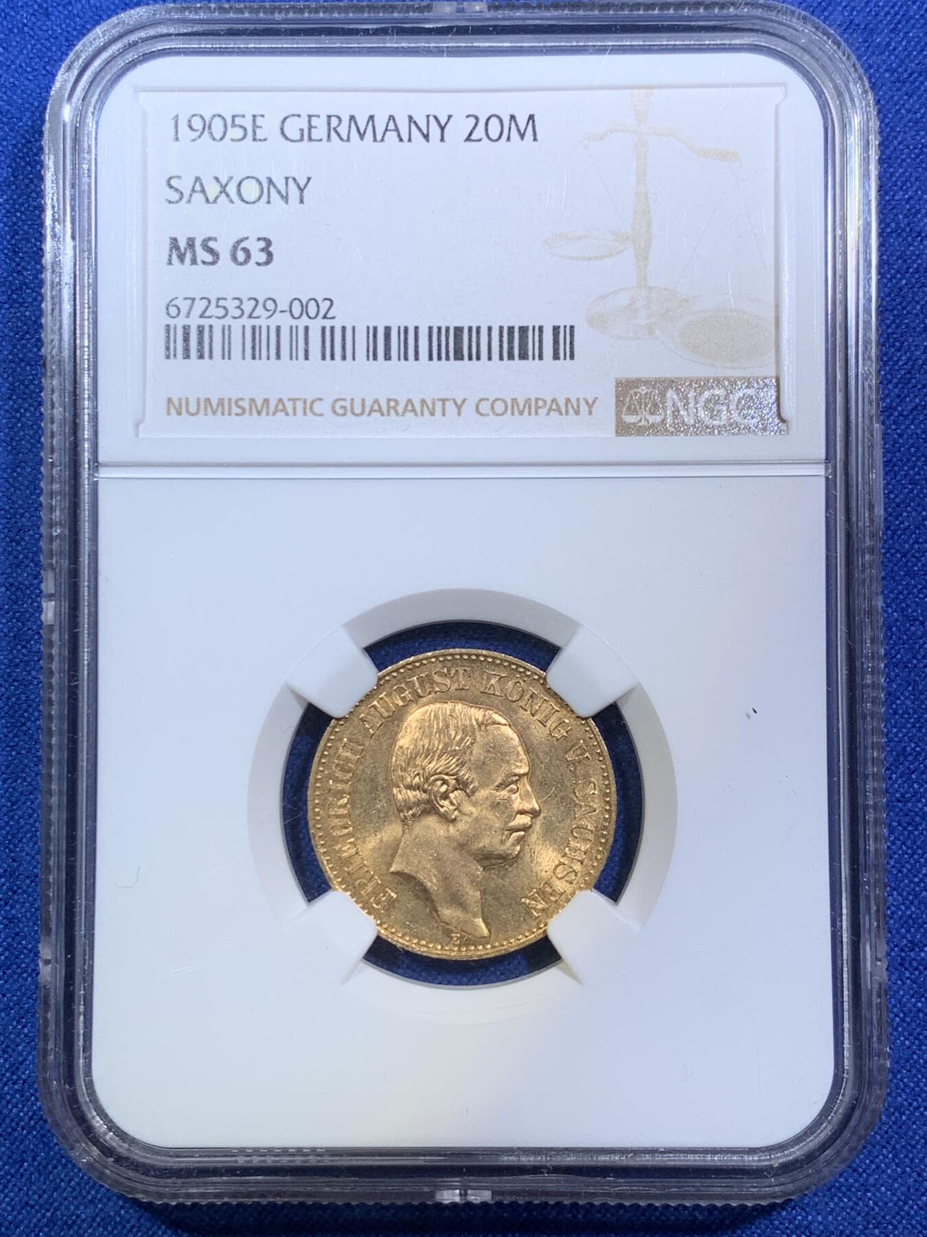 《竞宝斋》第287场-周六， 周日，周一 3场连拍 （全场包邮） NGC MS63 德国萨克森 1905E 20马克金币 弗莱德里希奥古斯都 小公国高分大拍难觅