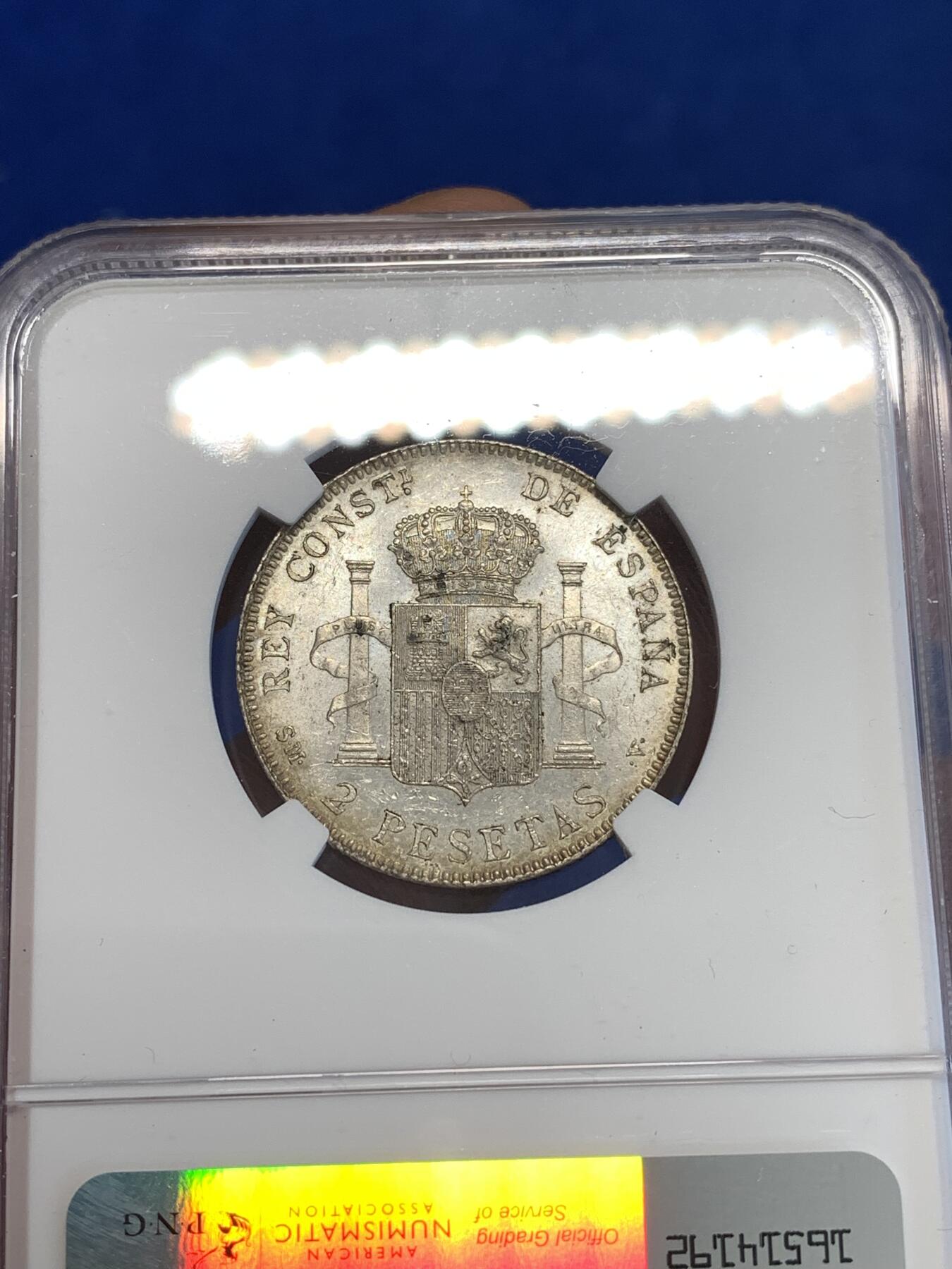 《竞宝斋》第287场-周六， 周日，周一 3场连拍 （全场包邮） NGC MS61 西班牙1905阿方索十三世2比塞塔银币