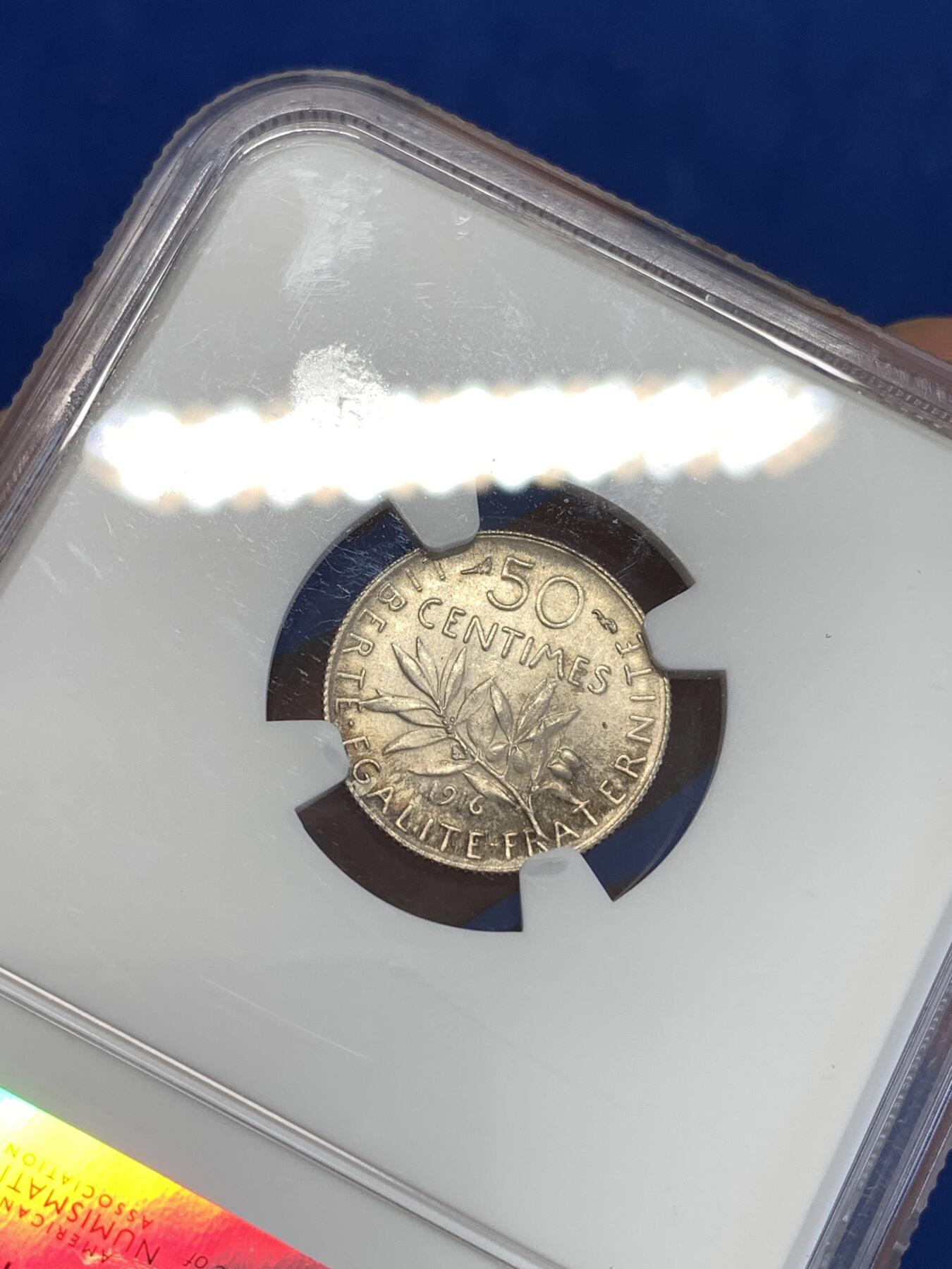 《竞宝斋》第287场-周六， 周日，周一 3场连拍 （全场包邮） NGC MS62 法国1916年播种女神50生丁银币