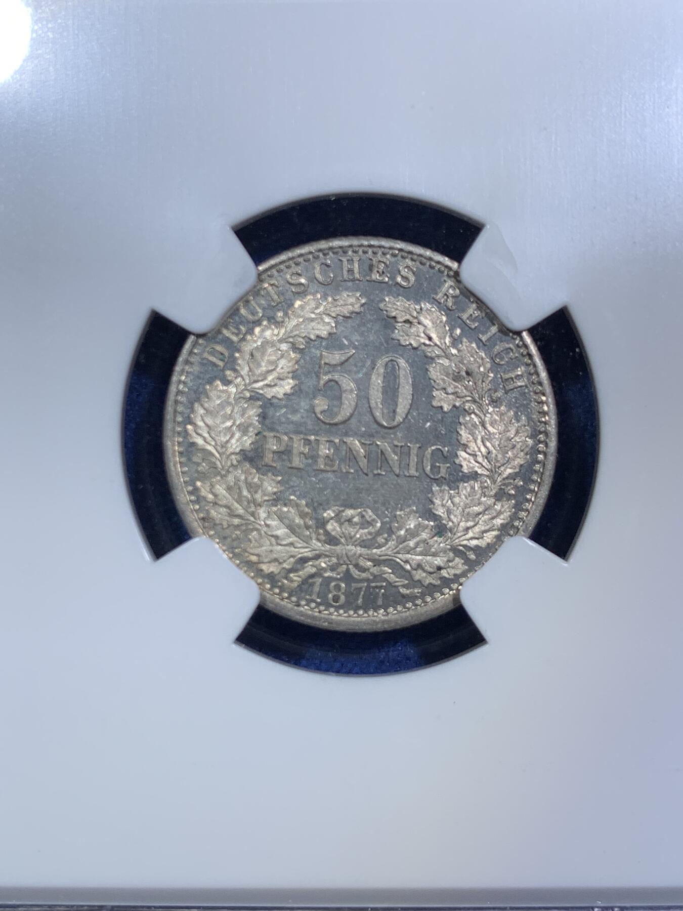 《竞宝斋》第287场-周六， 周日，周一 3场连拍 （全场包邮） NGC MS64 1877D 德意志第二帝国短翅鹰50芬尼花环银币 类镜面底板，观赏感十足，名誉品种。