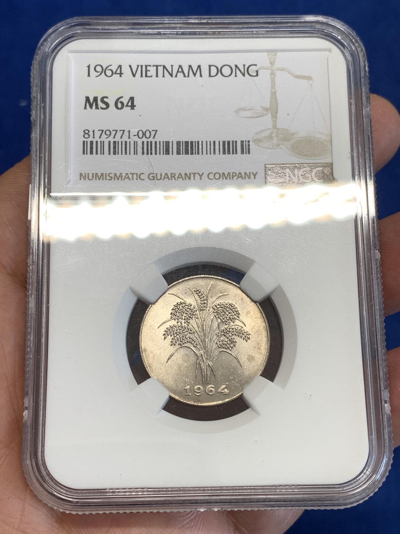 《竞宝斋》第287场-周六， 周日，周一 3场连拍 （全场包邮） NGC MS64 越南1964年麦穗1盾铜镍币