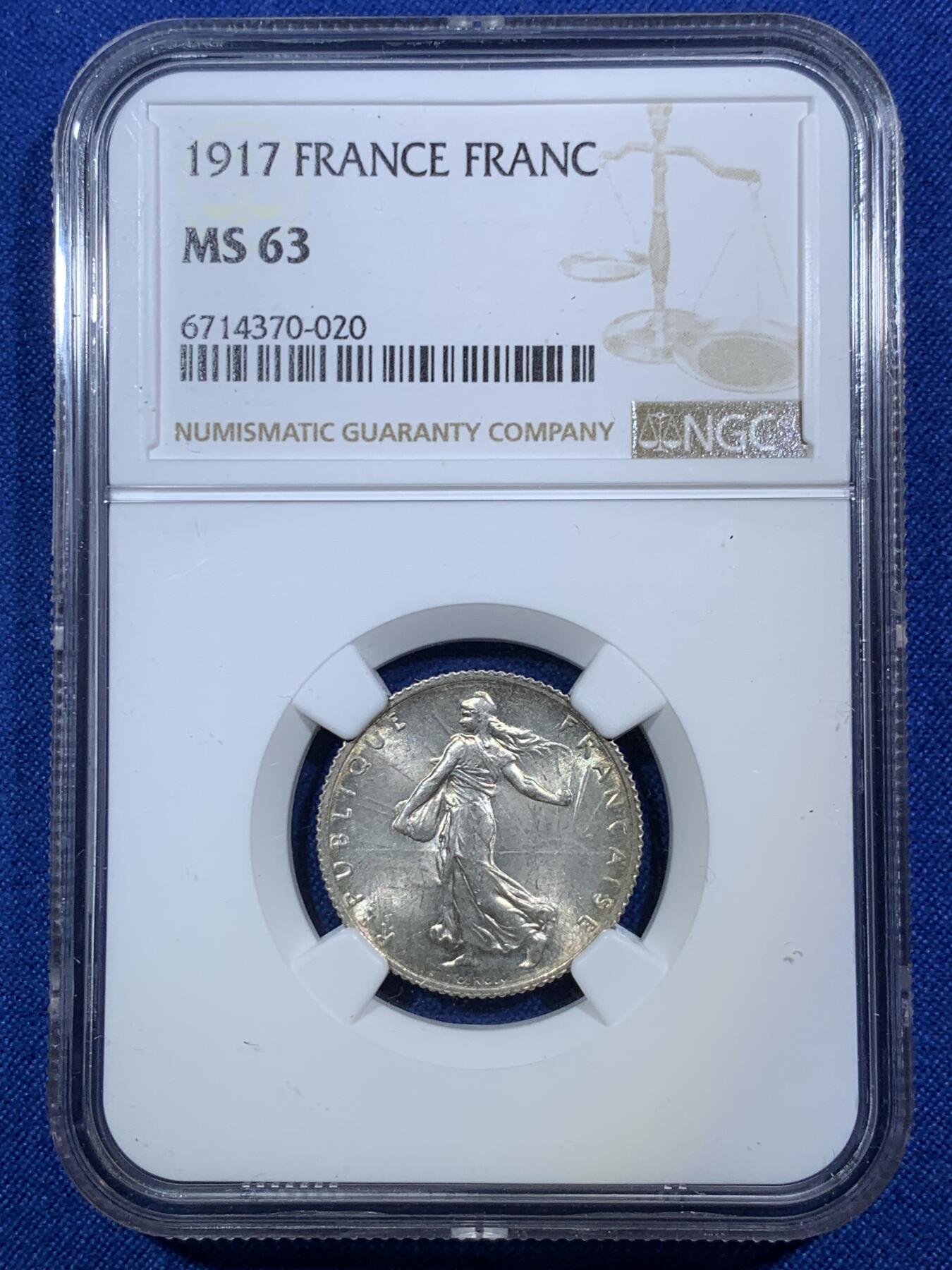 《竞宝斋》第287场-周六， 周日，周一 3场连拍 （全场包邮） NGC MS63 法国1917年播种女神1法郎银币