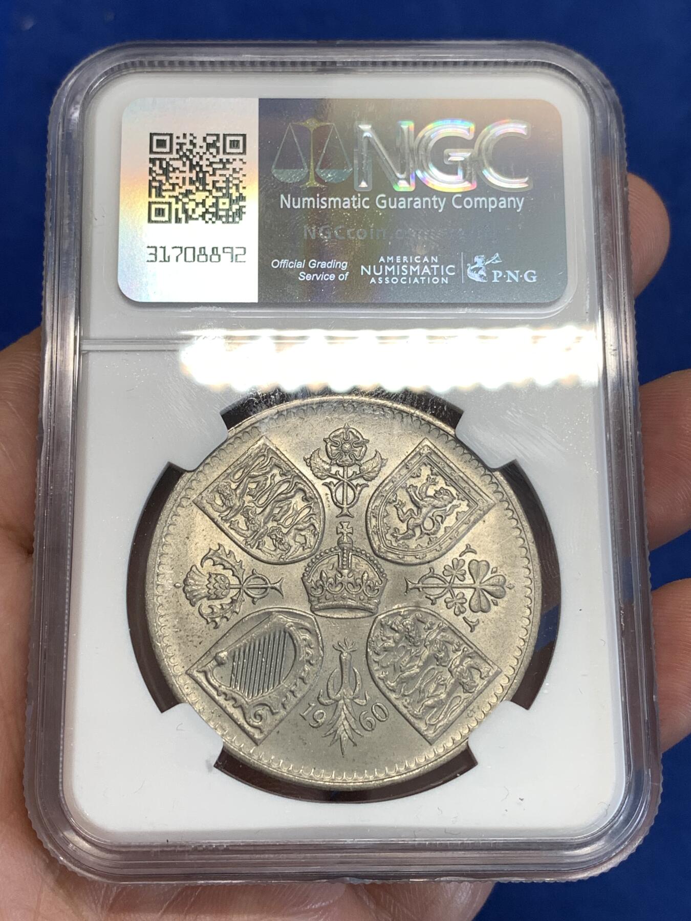 《竞宝斋》第287场-周六， 周日，周一 3场连拍 （全场包邮） NGC UNC 英国1960年纽约博览会伊丽莎白女王纪念克朗币 严评没给分，比登基克朗少见