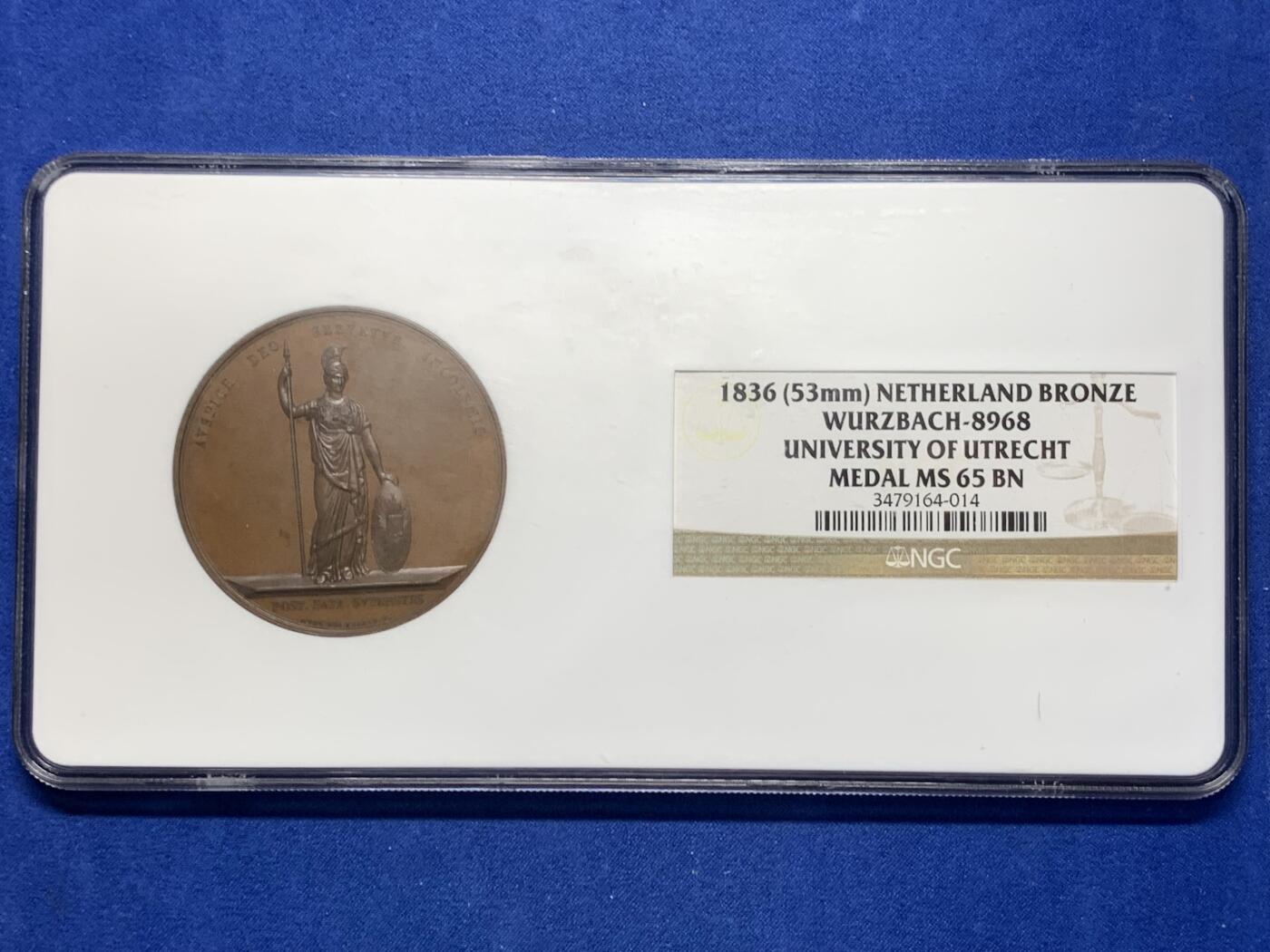 《竞宝斋》第287场-周六， 周日，周一 3场连拍 （全场包邮） NGC MS65BN 荷兰1836乌特勒支大学铜章 大横盒封装 稀见高分 一般都是62、63分，更高分本人仅见此品