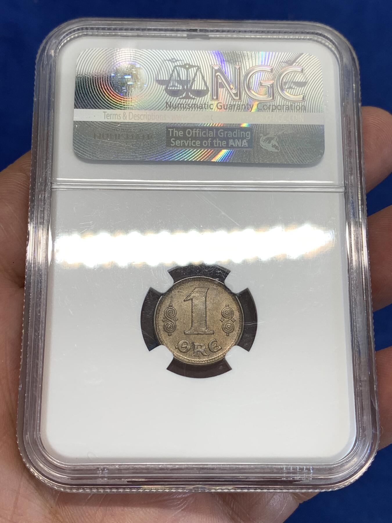 《竞宝斋》第287场-周六， 周日，周一 3场连拍 （全场包邮） NGC MS64BN 丹麦1923年1欧尔 辅币流通充分高分难得