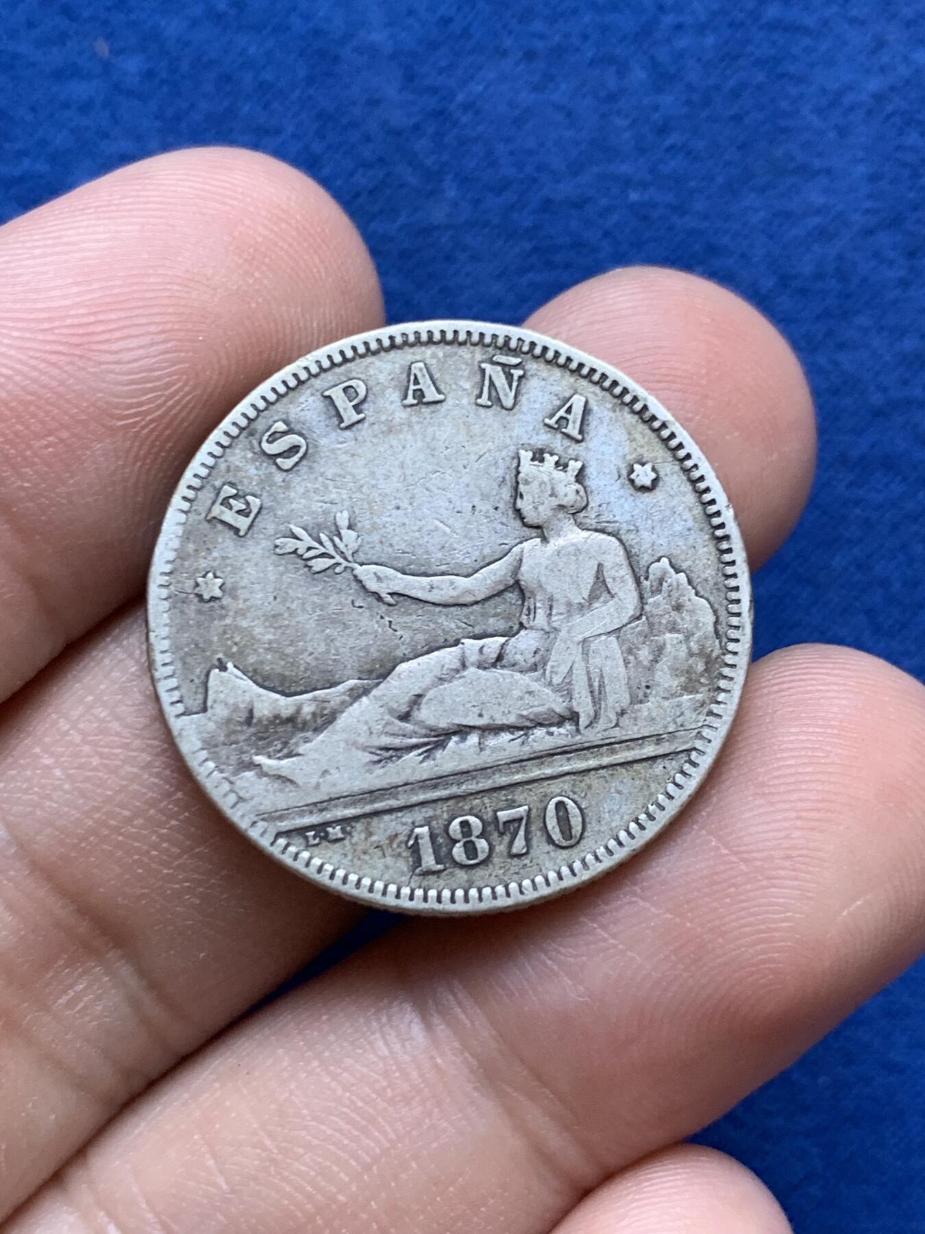 《竞宝斋》第287场-周六， 周日，周一 3场连拍 （全场包邮） 西班牙1870年2比塞塔双柱银币 西班牙共和时期临时政府 拿花女神背靠比利牛斯山手拿橄榄枝召唤和平