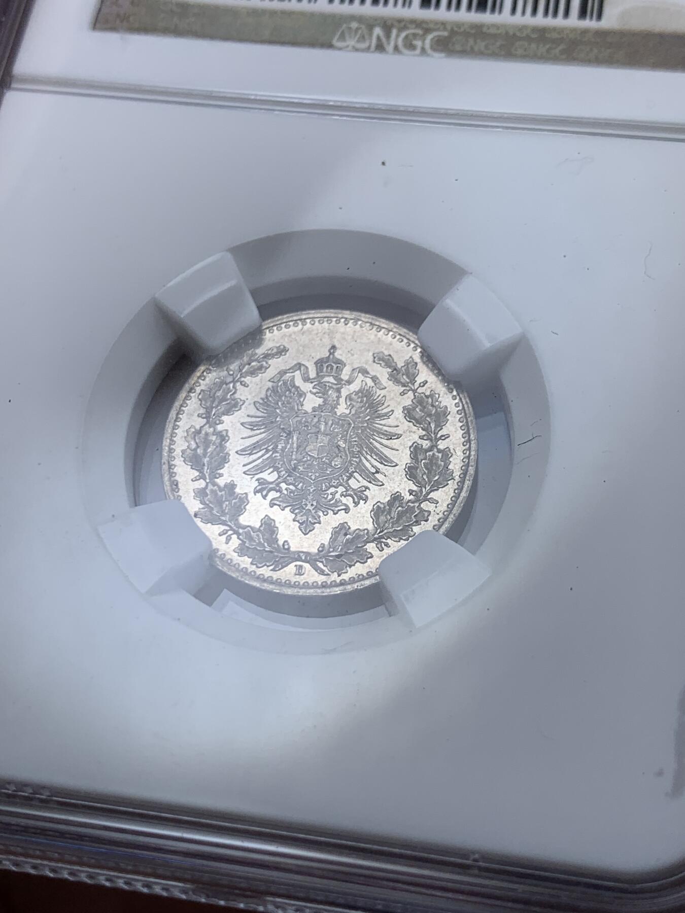 《竞宝斋》第287场-周六， 周日，周一 3场连拍 （全场包邮） NGC MS64 1877D 德意志第二帝国短翅鹰50芬尼花环银币 类镜面底板，观赏感十足，名誉品种。