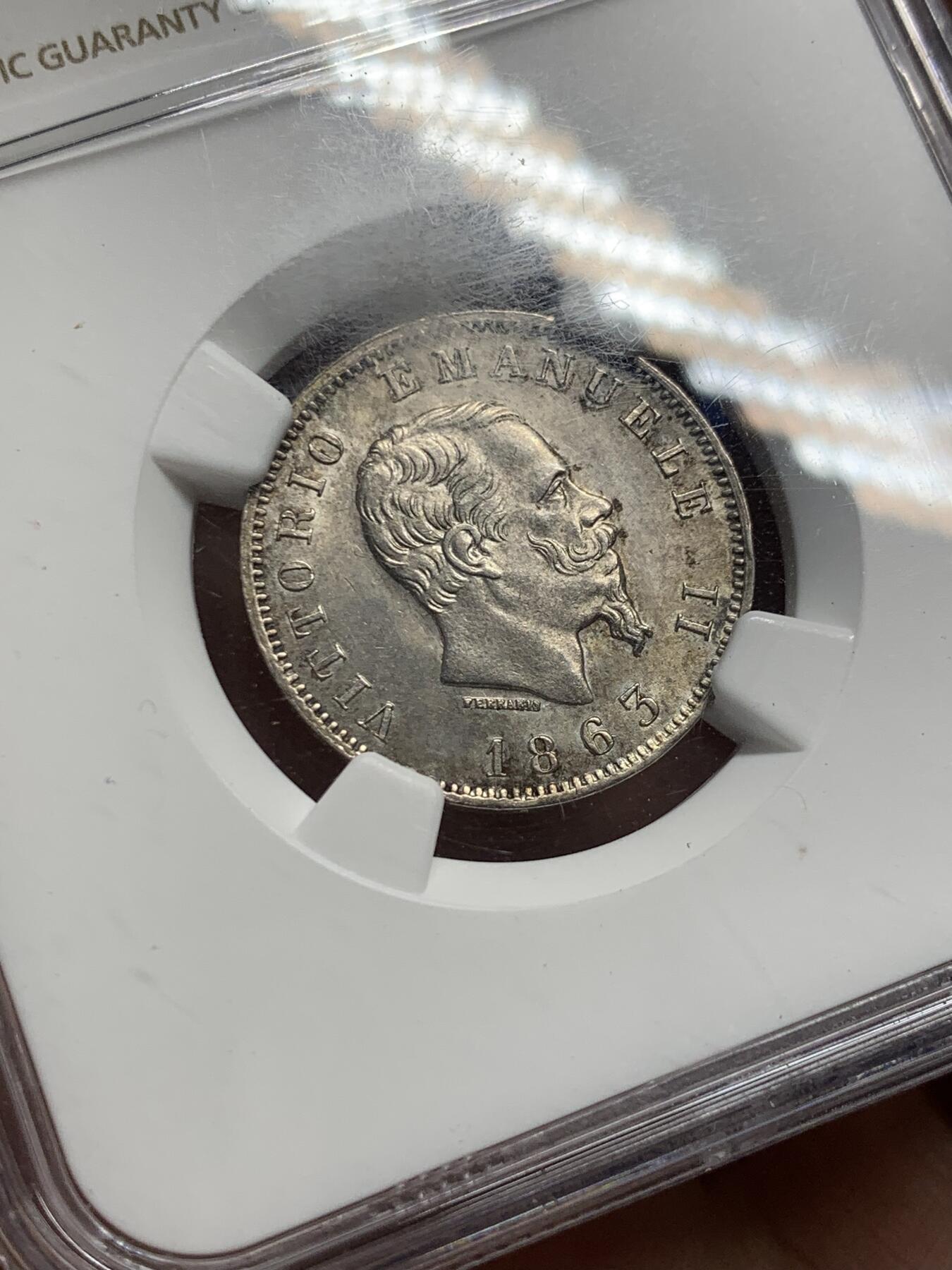 《竞宝斋》第287场-周六， 周日，周一 3场连拍 （全场包邮） NGC MS64 意大利 1863 尹曼纽尔二世 1里拉银币 流通辅币 MS 不容易