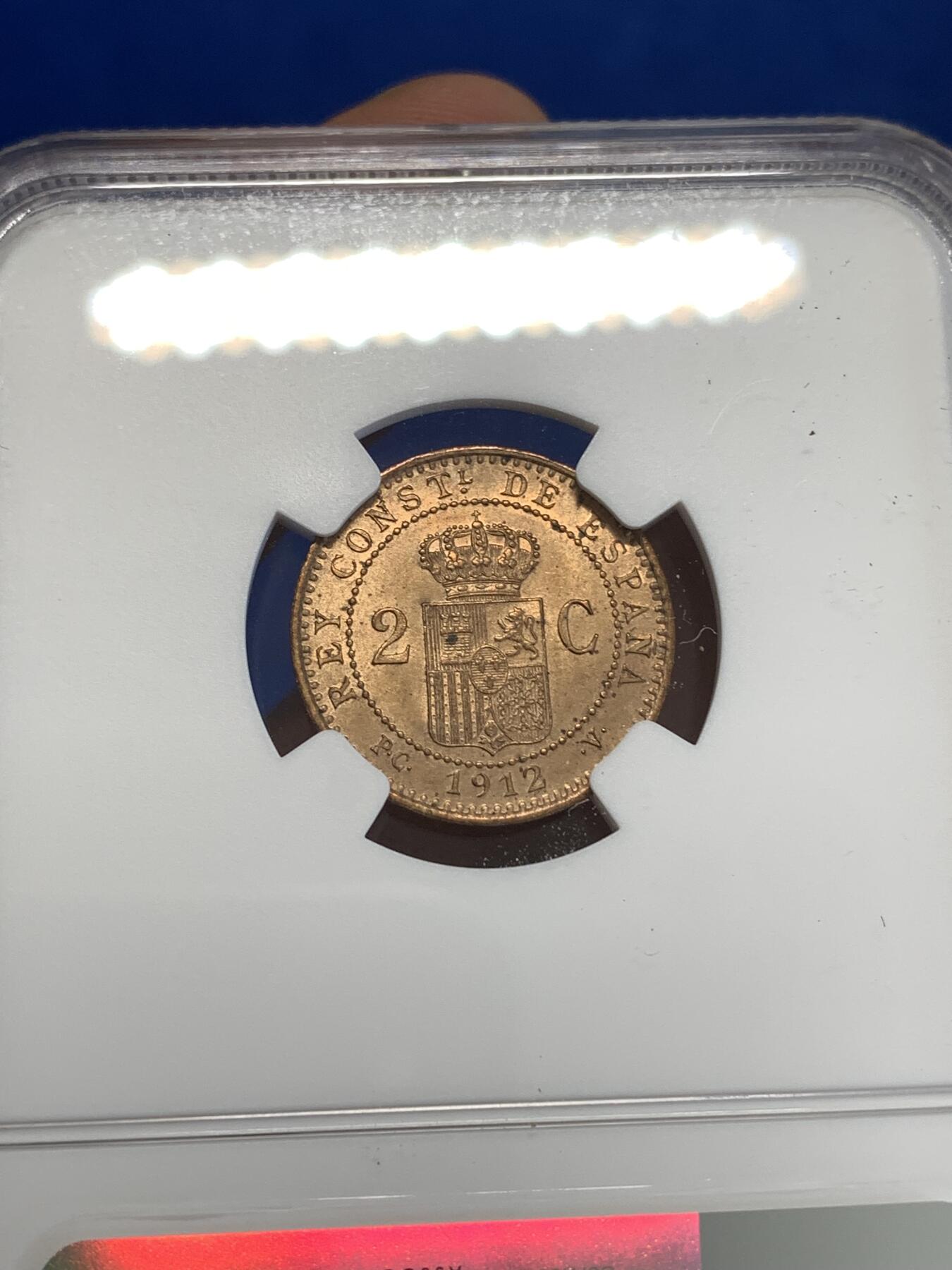 《竞宝斋》第287场-周六， 周日，周一 3场连拍 （全场包邮） NGC UNCD 西班牙1912年阿方索十三世2分铜币