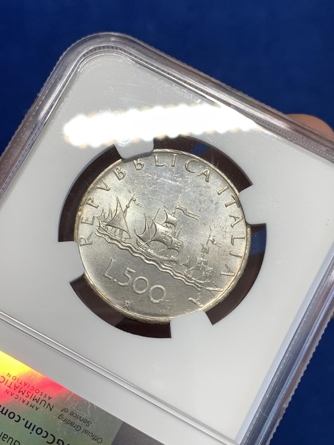 《竞宝斋》第287场-周六， 周日，周一 3场连拍 （全场包邮） NGC MS62 意大利1964 帆船少女500里拉银币 经典品种 两面都微微有点包浆 非常漂亮 性价比高
