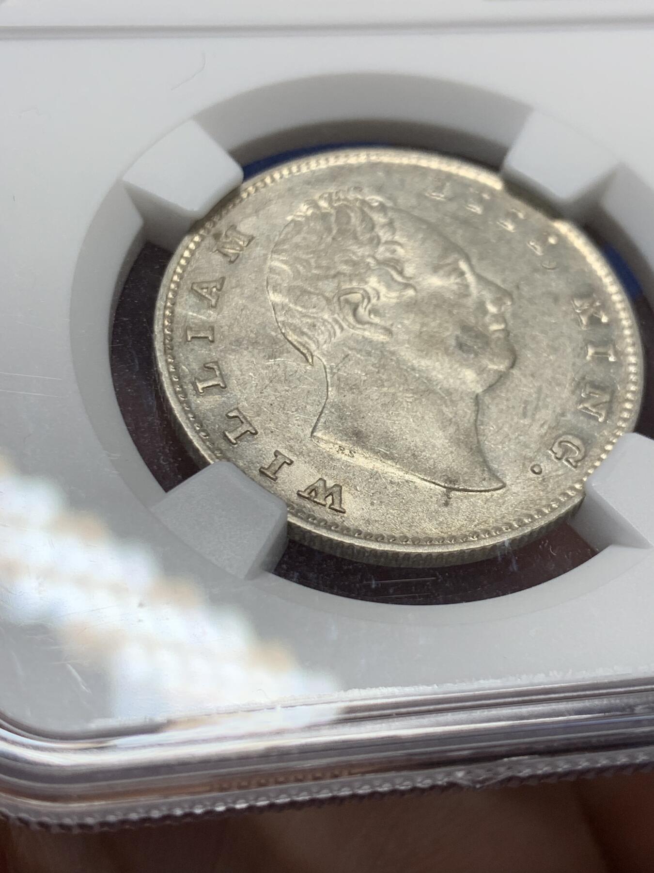 《竞宝斋》第287场-周六， 周日，周一 3场连拍 （全场包邮） NGC AU55 英国1835年东印度公司卢比 威廉四世在位期间铸造，稀少RS版，克书价高，远超普通版