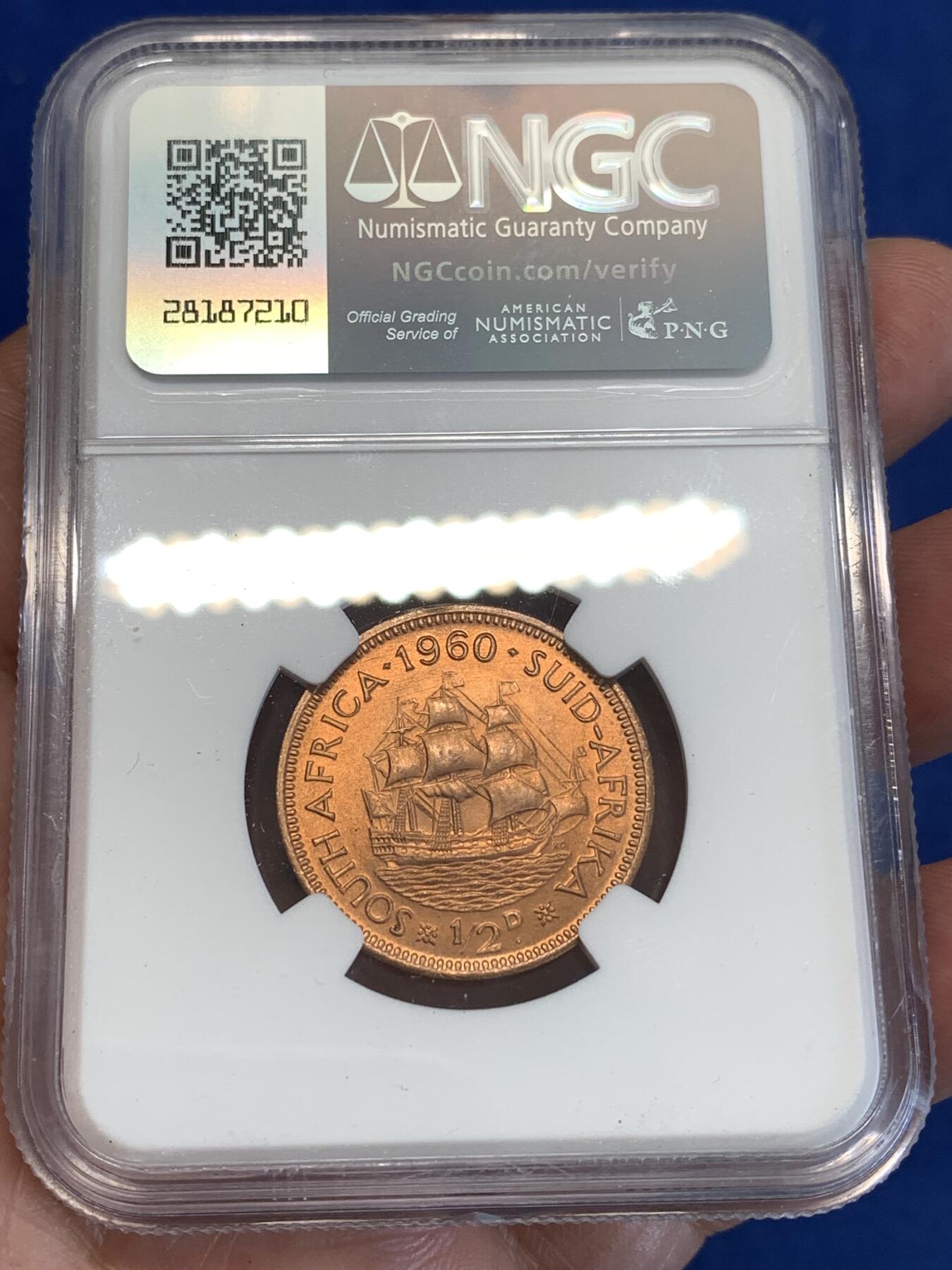 《竞宝斋》第287场-周六， 周日，周一 3场连拍 （全场包邮） NGC MS65RB 英属南非1960年伊丽莎白二世半便士铜币