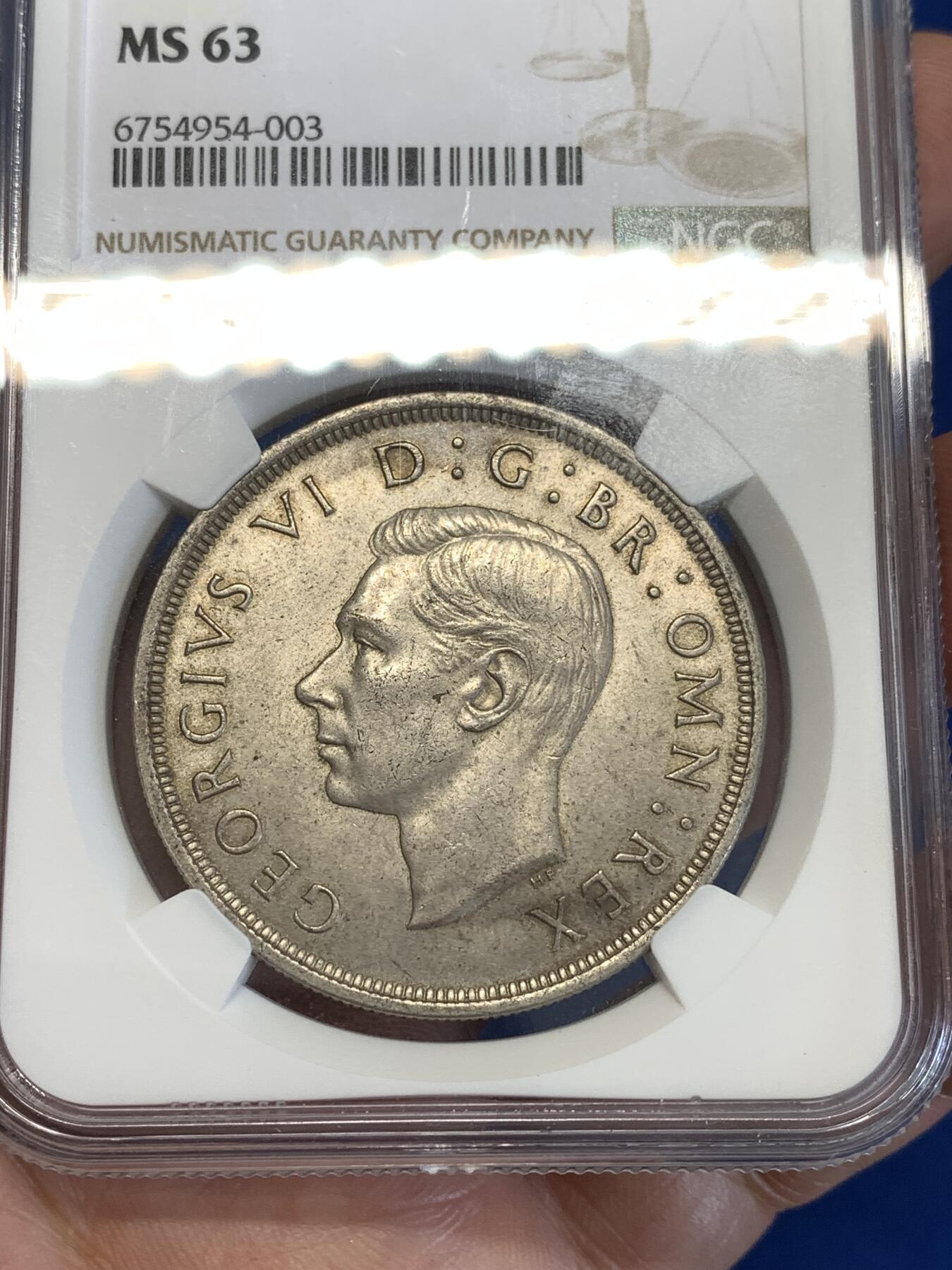 《竞宝斋》第287场-周六， 周日，周一 3场连拍 （全场包邮） NGC MS63 英国1937年乔治六世登基纪念1克朗银币 转光好