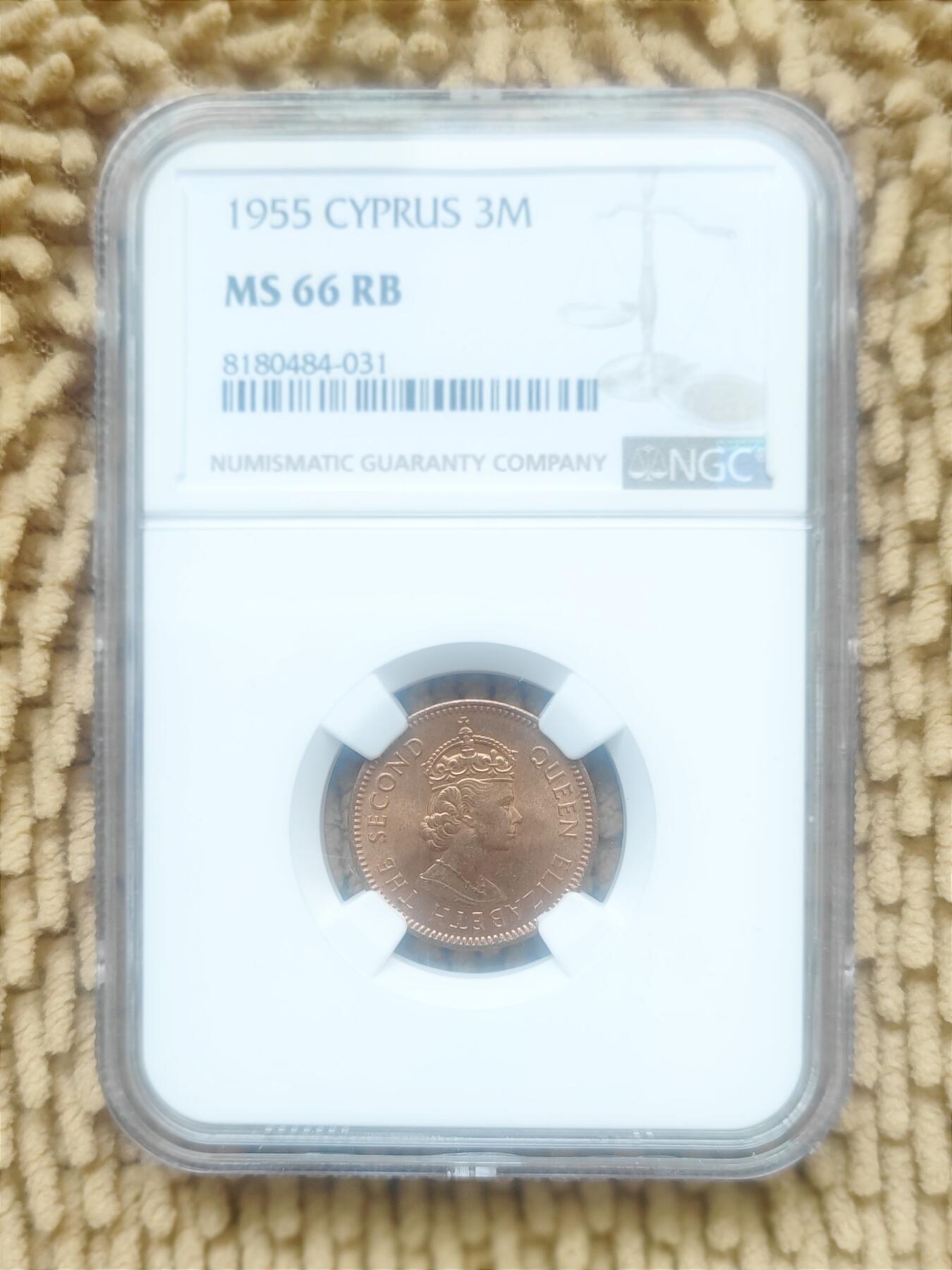 07月07日 世界币章 NGC MS66RB 塞浦路斯 1955年 3米尔 稀见最高品相