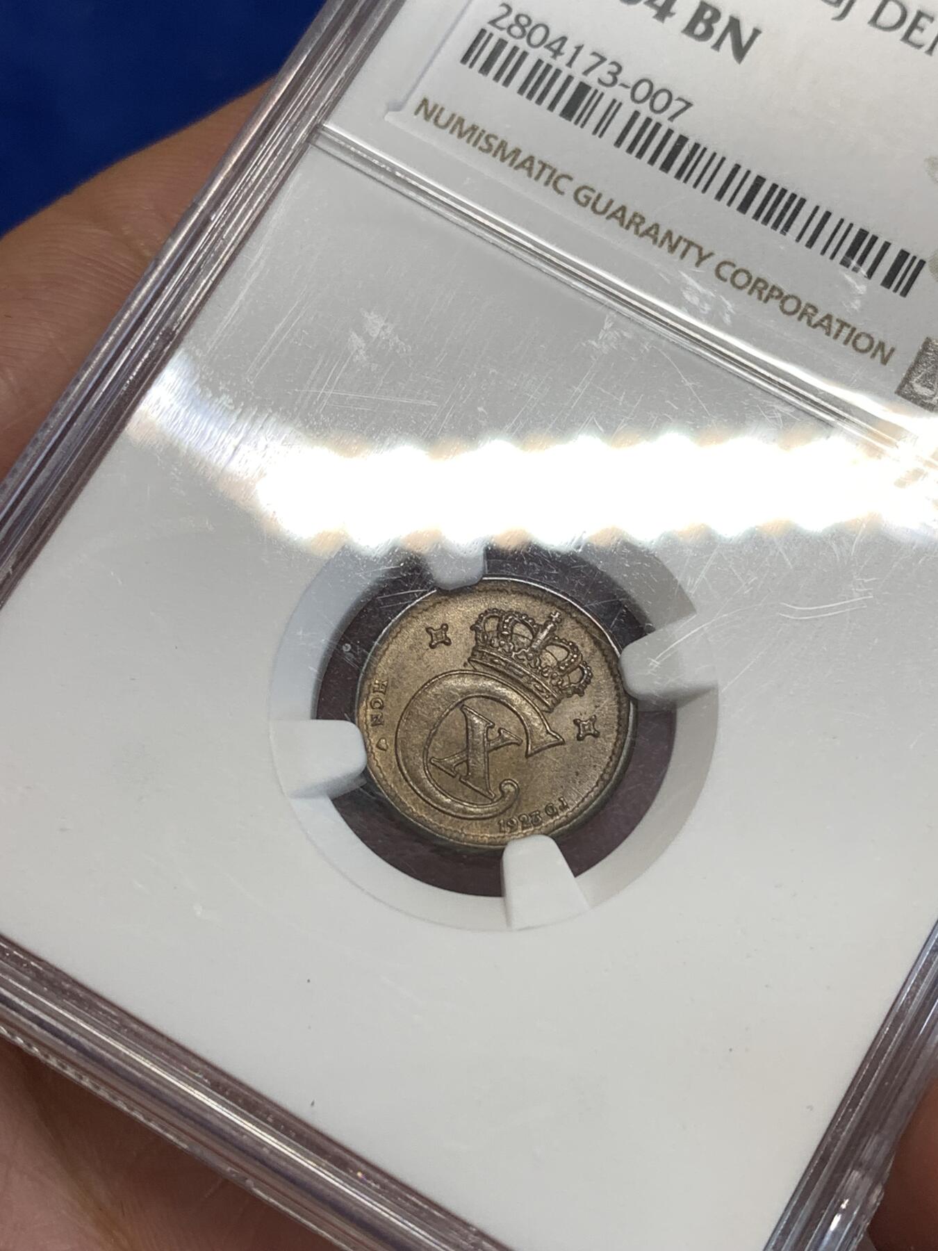 《竞宝斋》第287场-周六， 周日，周一 3场连拍 （全场包邮） NGC MS64BN 丹麦1923年1欧尔 辅币流通充分高分难得