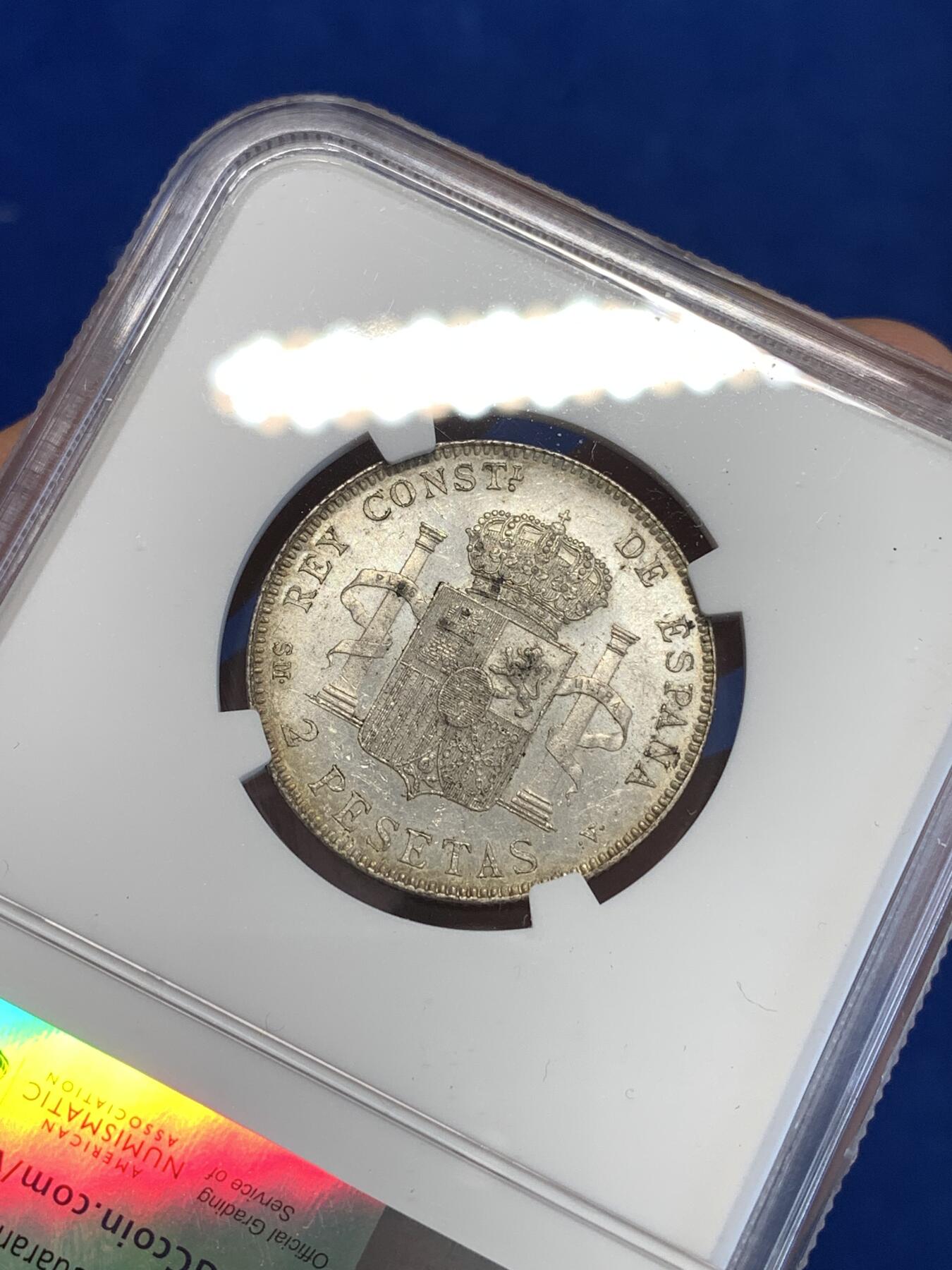 《竞宝斋》第287场-周六， 周日，周一 3场连拍 （全场包邮） NGC MS61 西班牙1905阿方索十三世2比塞塔银币