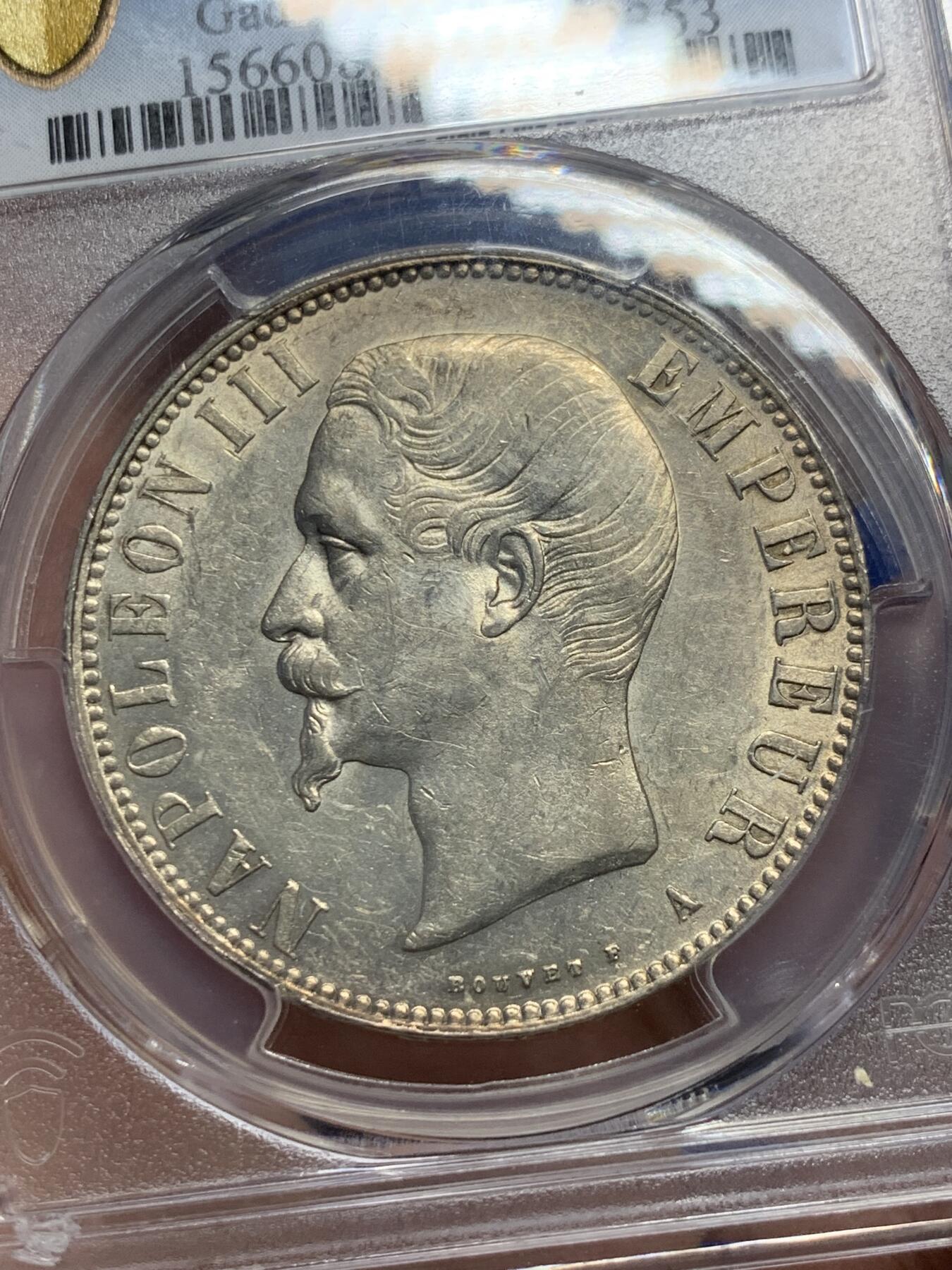 《竞宝斋》第287场-周六， 周日，周一 3场连拍 （全场包邮） PCGS AU55 法国1856年拿破仑三世5法郎 光头总统版，好品最少的一版，基本都是XF及以下，远比谷物女神稀少