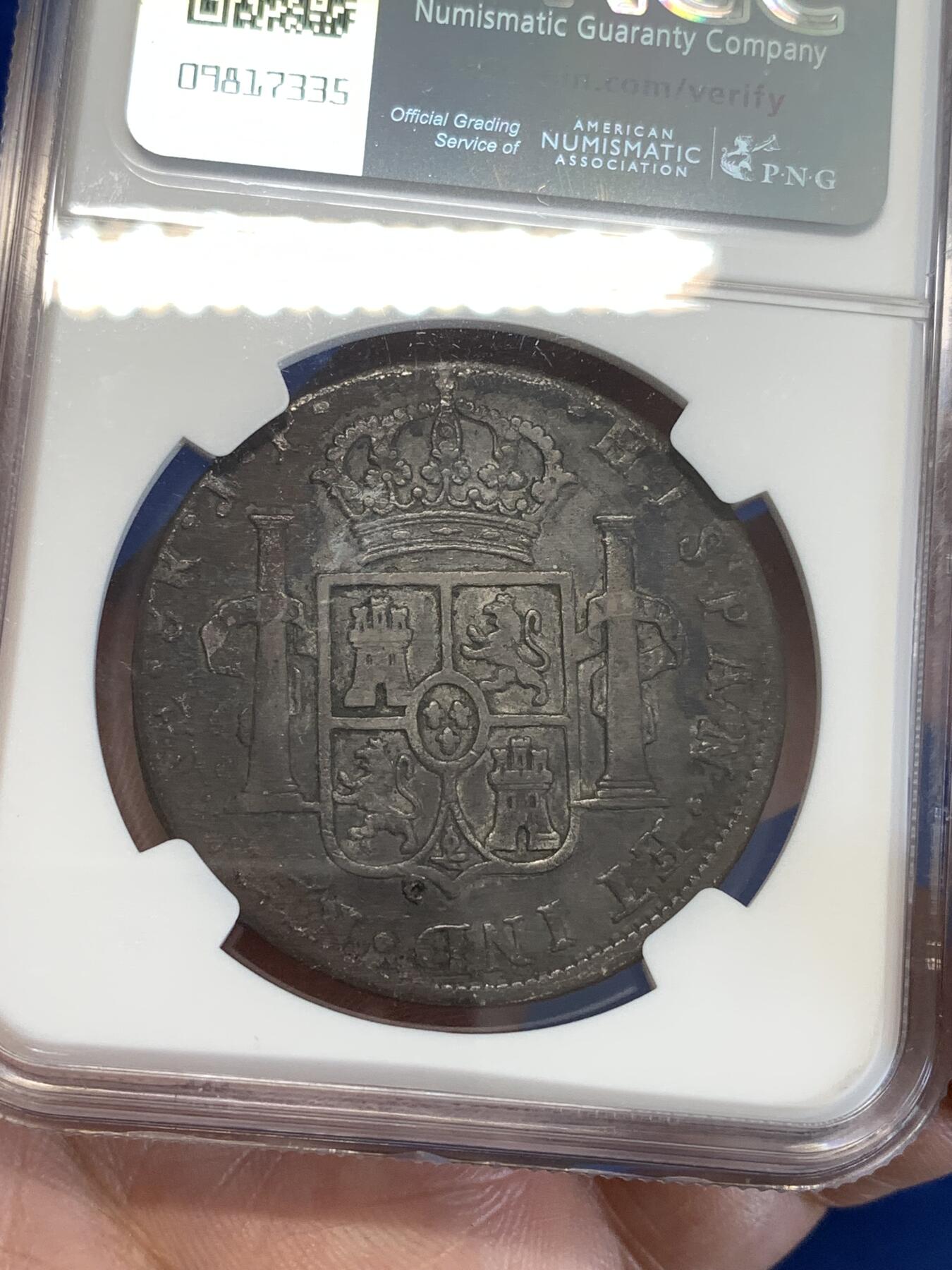 《竞宝斋》第287场-周六， 周日，周一 3场连拍 （全场包邮） NGC VFD 秘鲁1804年卡四双柱 包浆入骨