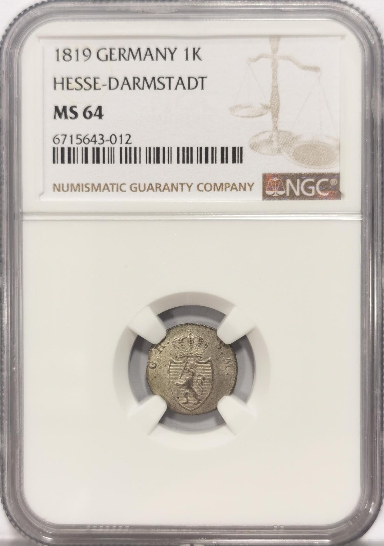 博洋堂世界钱币拍卖第084期（全场包邮） NGC MS64 冠军分！德国黑森1819年盾徽1克鲁泽银币