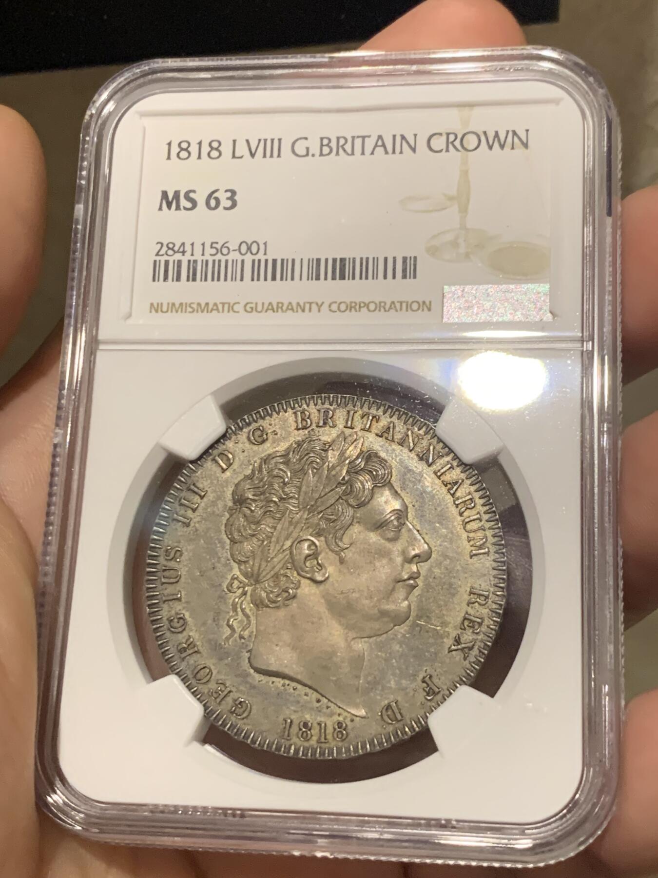 《竞宝斋》第287场-周六， 周日，周一 3场连拍 （全场包邮） NGC MS63 英国1818年乔治三世马剑1克朗大银币 深彩包浆 PL状态 63分可藏