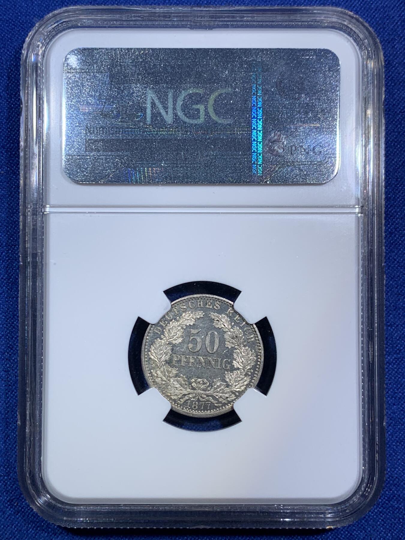 《竞宝斋》第287场-周六， 周日，周一 3场连拍 （全场包邮） NGC MS64 1877D 德意志第二帝国短翅鹰50芬尼花环银币 类镜面底板，观赏感十足，名誉品种。