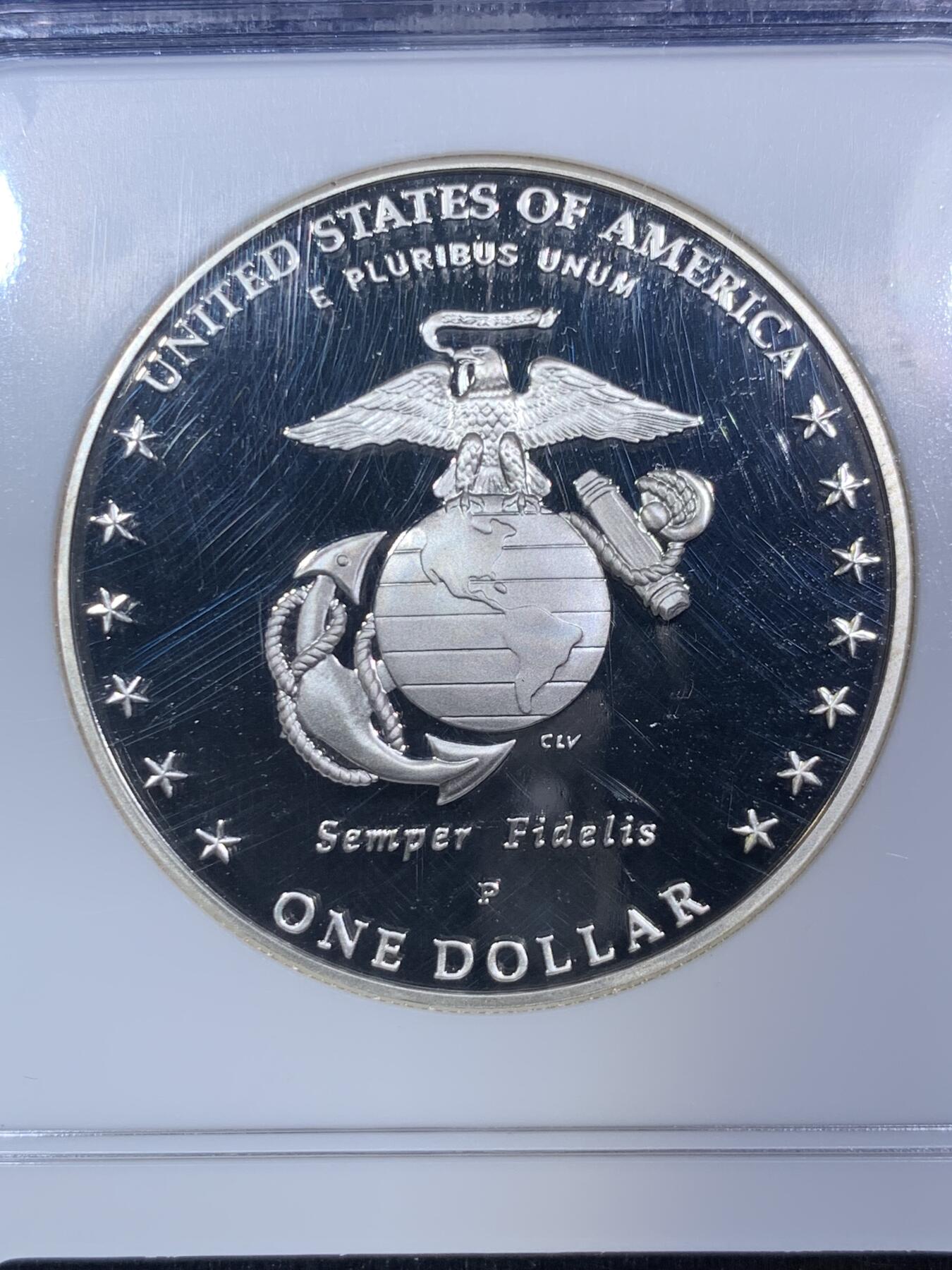 《竞宝斋》第287场-周六， 周日，周一 3场连拍 （全场包邮） NGC PF69U 美国2005年发行海军陆战队成立230周年纪念银币 1美元精制币 26.73g 2007年度克劳斯世界硬币大奖赛之年度最佳克朗奖 最佳硬币奖双料冠军币