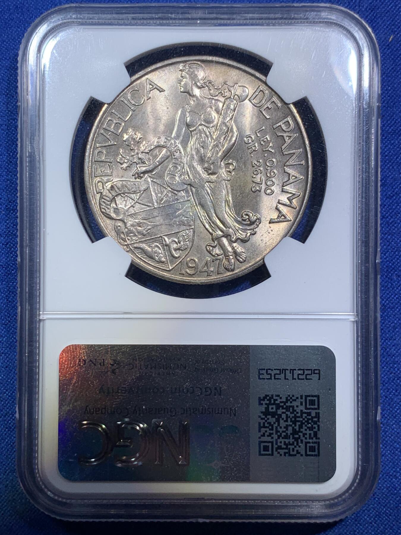 《竞宝斋》第287场-周六， 周日，周一 3场连拍 （全场包邮） NGC MS64 巴拿马1947年巴尔博亚大银币 转光丝滑 漂亮包浆 可藏品相