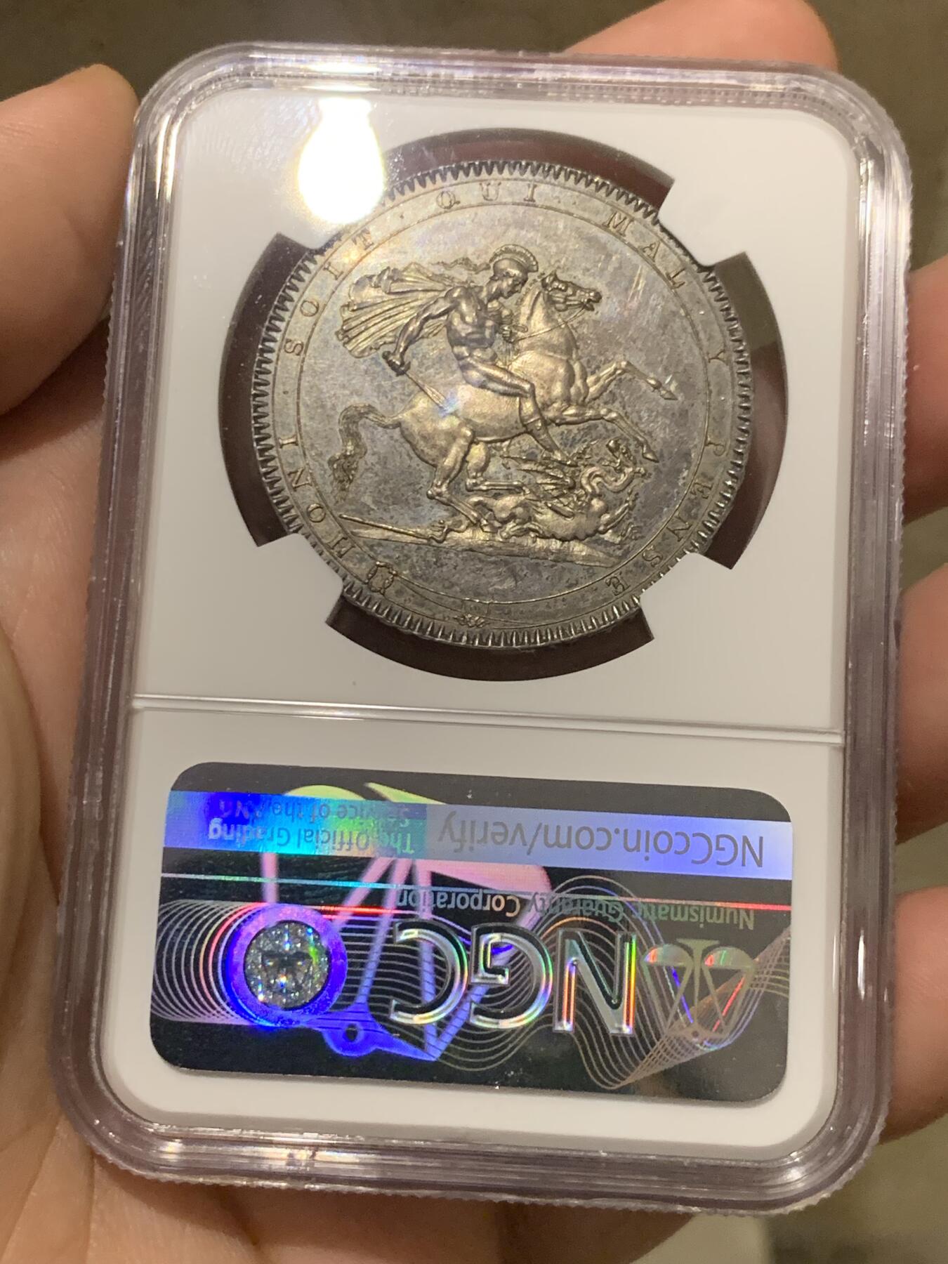 《竞宝斋》第287场-周六， 周日，周一 3场连拍 （全场包邮） NGC MS63 英国1818年乔治三世马剑1克朗大银币 深彩包浆 PL状态 63分可藏