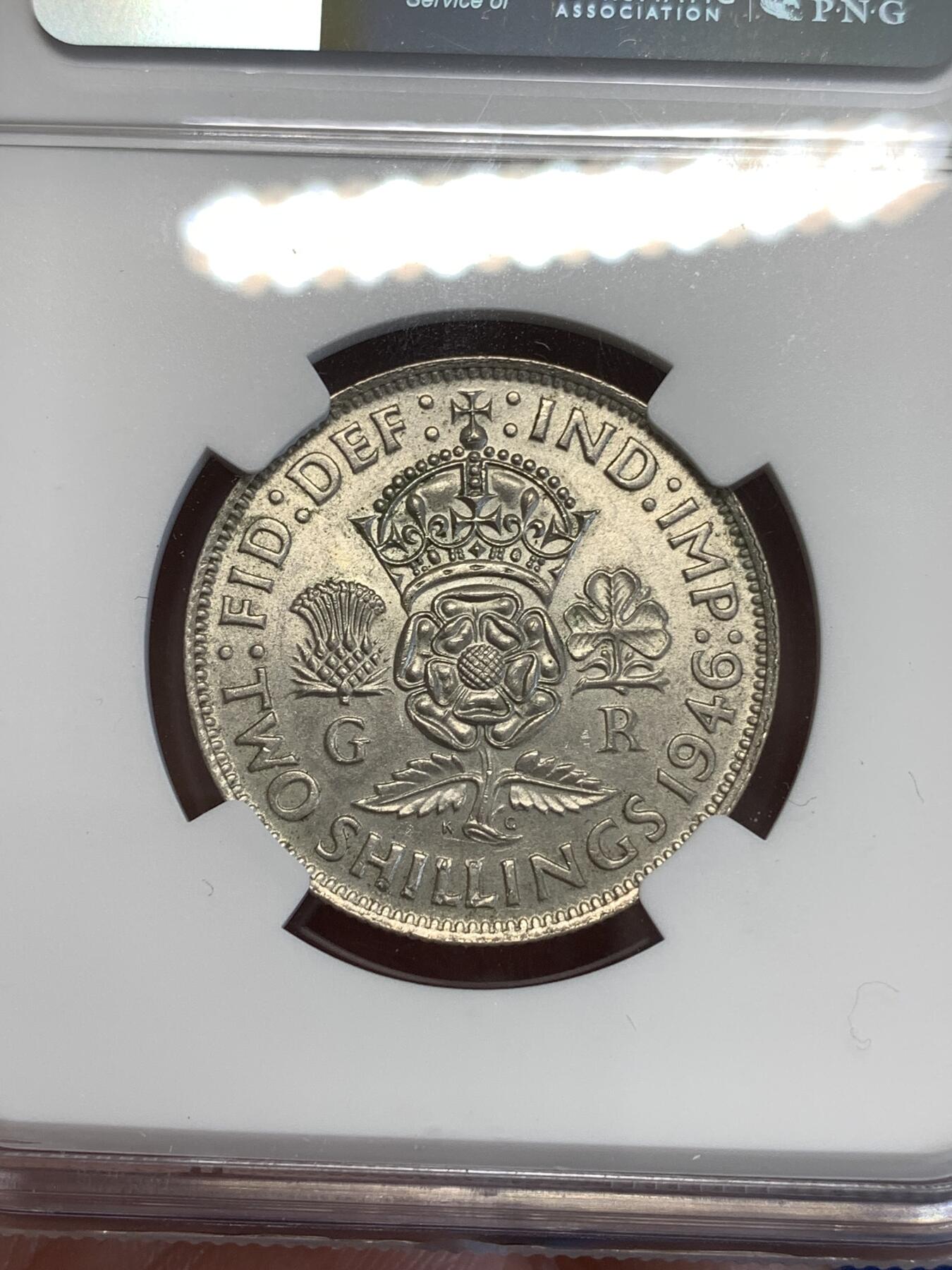 《竞宝斋》第287场-周六， 周日，周一 3场连拍 （全场包邮） NGC MS62 英国1946年乔治六世2先令银币