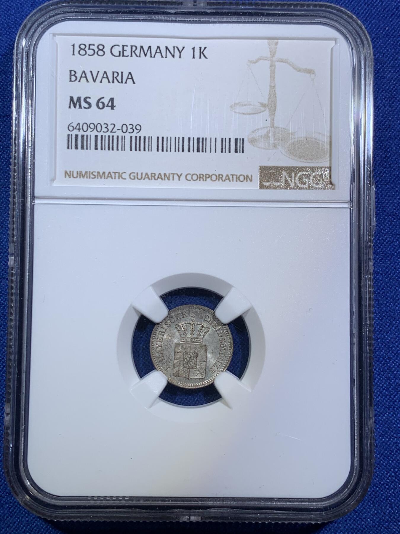 《竞宝斋》第287场-周六， 周日，周一 3场连拍 （全场包邮） NGC MS64 德国1858巴伐利亚1克鲁泽银币