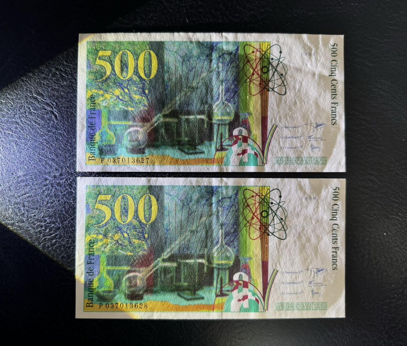 收藏联盟Quantum Auction 第359期拍卖  法国1998年500法郎两张 品相AU-  诺贝尔化学奖得主 居里夫人
