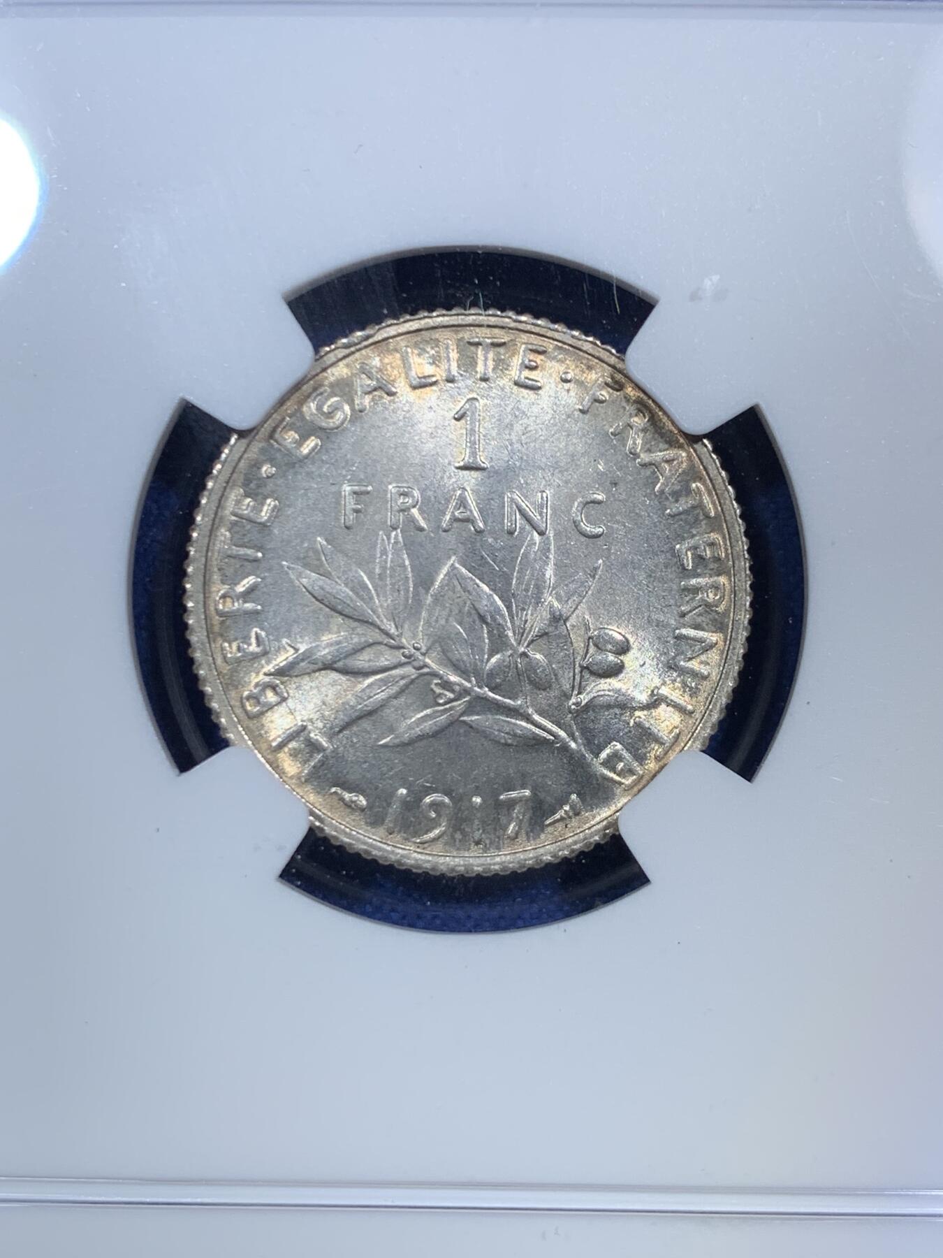 《竞宝斋》第287场-周六， 周日，周一 3场连拍 （全场包邮） NGC MS63 法国1917年播种女神1法郎银币