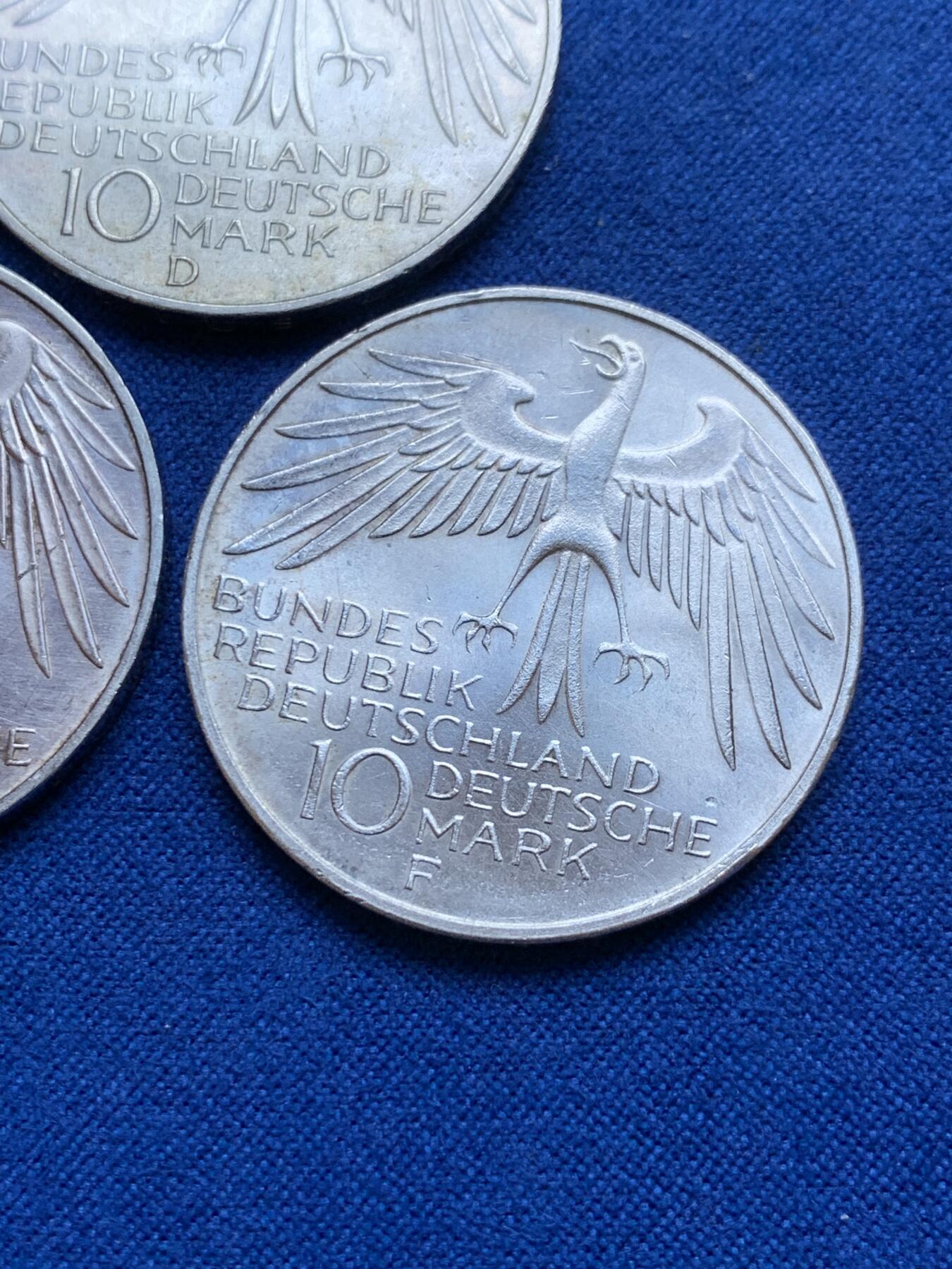 《竞宝斋》第287场-周六， 周日，周一 3场连拍 （全场包邮） 3枚一组 德国1972年10马克银币 不同厂别