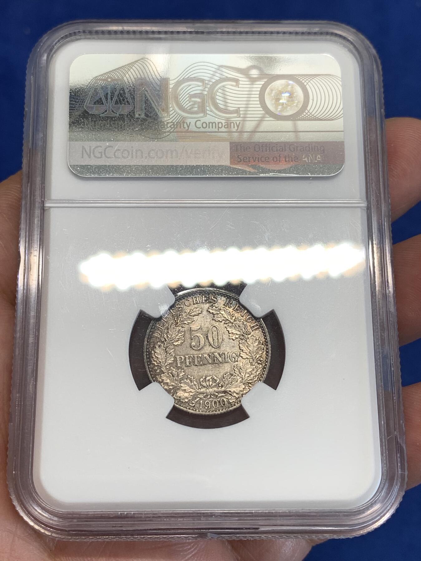 《竞宝斋》第287场-周六， 周日，周一 3场连拍 （全场包邮） NGC UNC 1900J 世纪之交 德意志第二帝国长翅鹰50芬尼花环银币 流通筋币，稀缺品种，unc克价400刀以上。