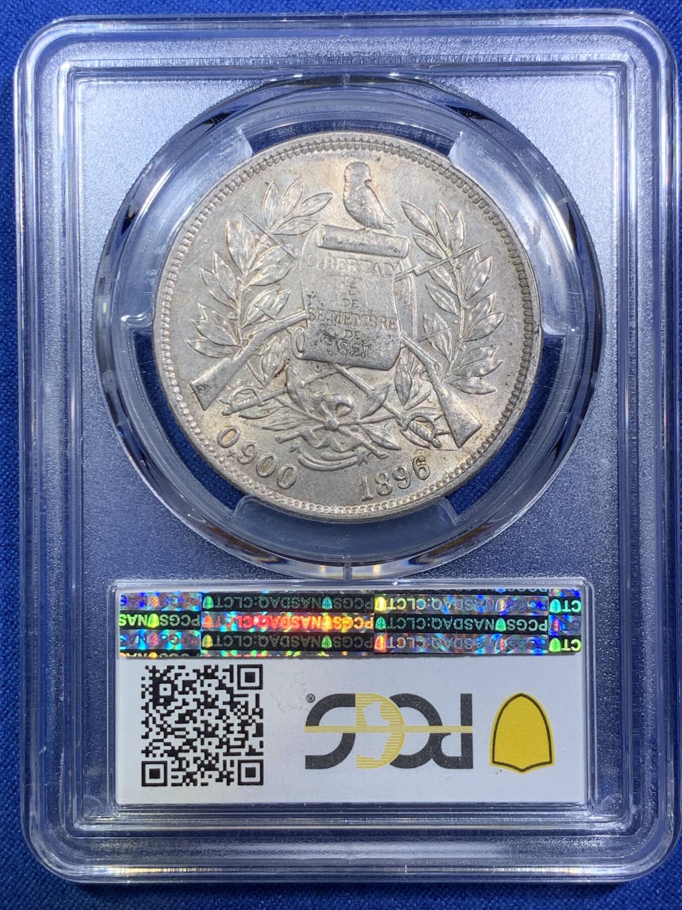 《竞宝斋》第287场-周六， 周日，周一 3场连拍 （全场包邮） PCGS MS63 危地马拉 1896年 1比索 银币 漂亮女神设计 黄油光 拉丁美洲热门品种 1896年入盒数不到1894一半