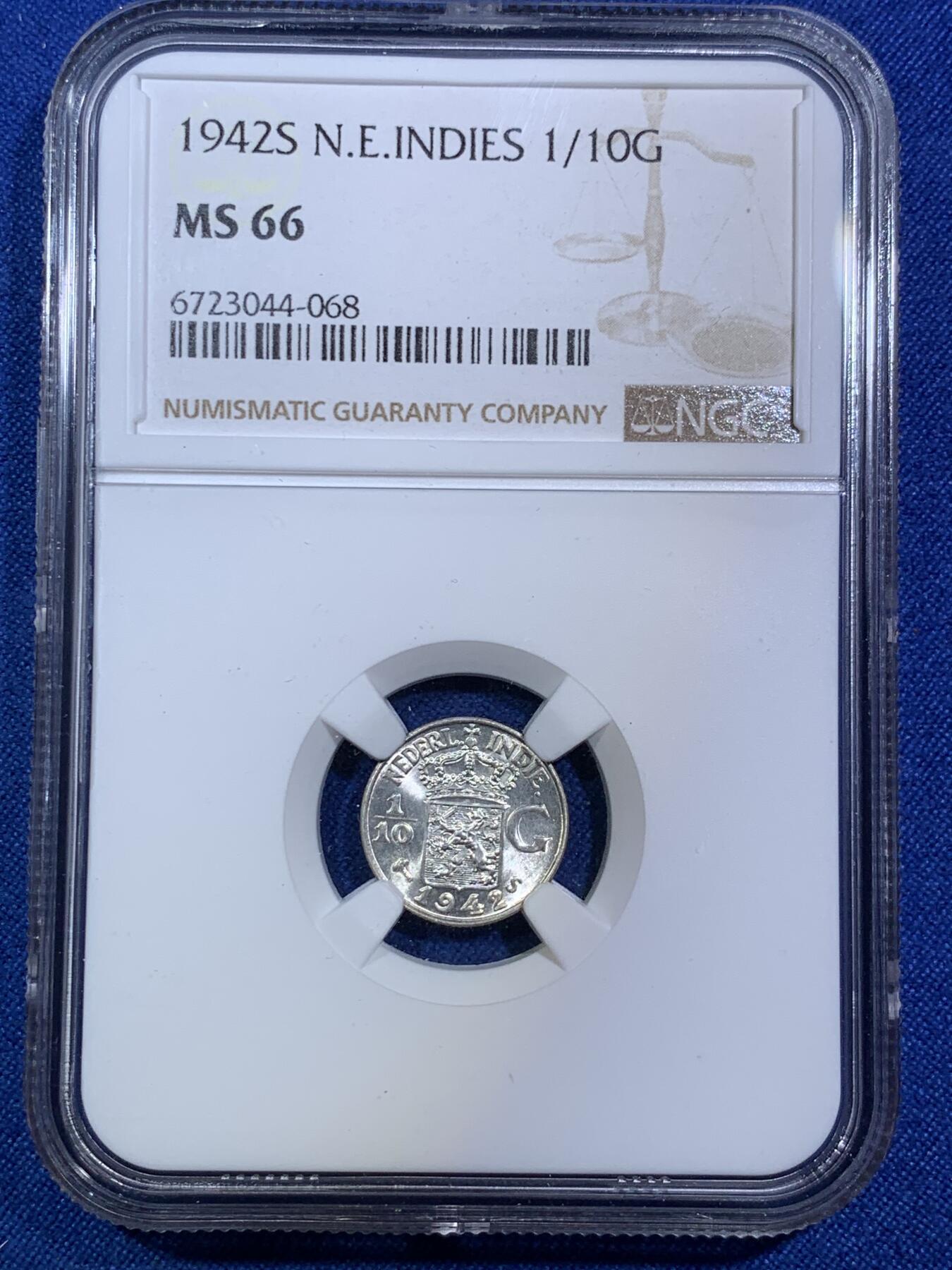 《竞宝斋》第287场-周六， 周日，周一 3场连拍 （全场包邮） NGC MS66 1942 荷属东印度（今印尼）1/10盾银币 卷拆BU品