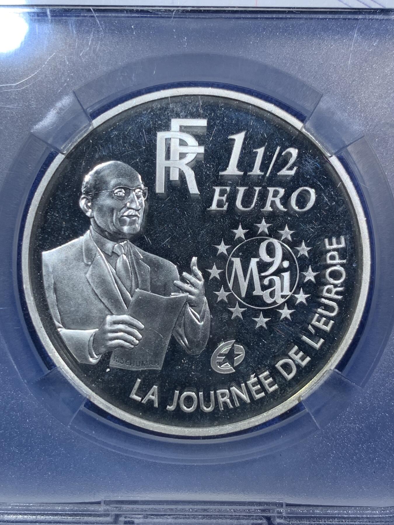 《竞宝斋》第287场-周六， 周日，周一 3场连拍 （全场包邮） TQG PF64UC 法国2006年120周年罗伯特舒曼欧盟之父欧洲之星系列1 1/2欧元银币