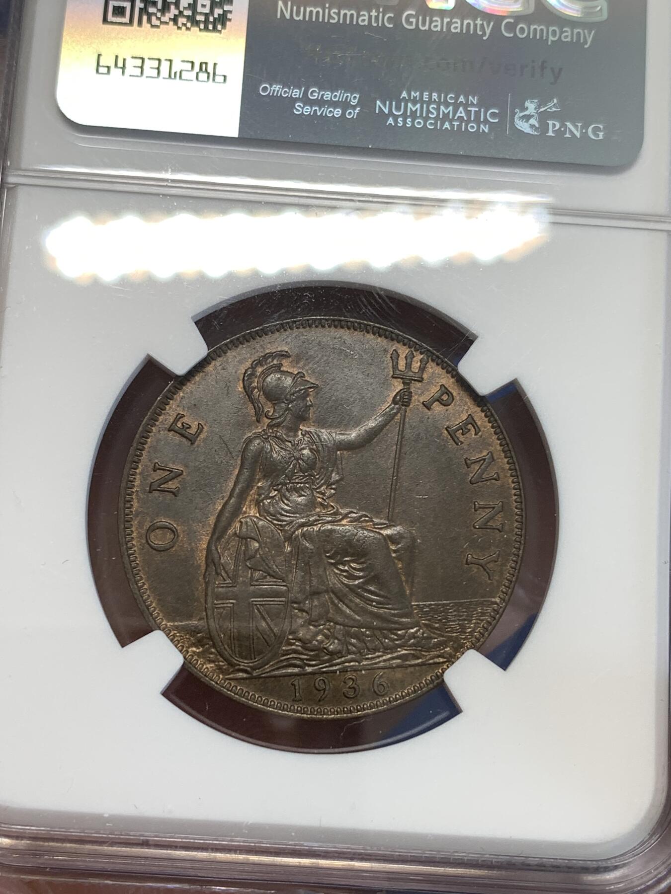 《竞宝斋》第287场-周六， 周日，周一 3场连拍 （全场包邮） NGC MS64BN 英国1936年乔治五世1便士铜币