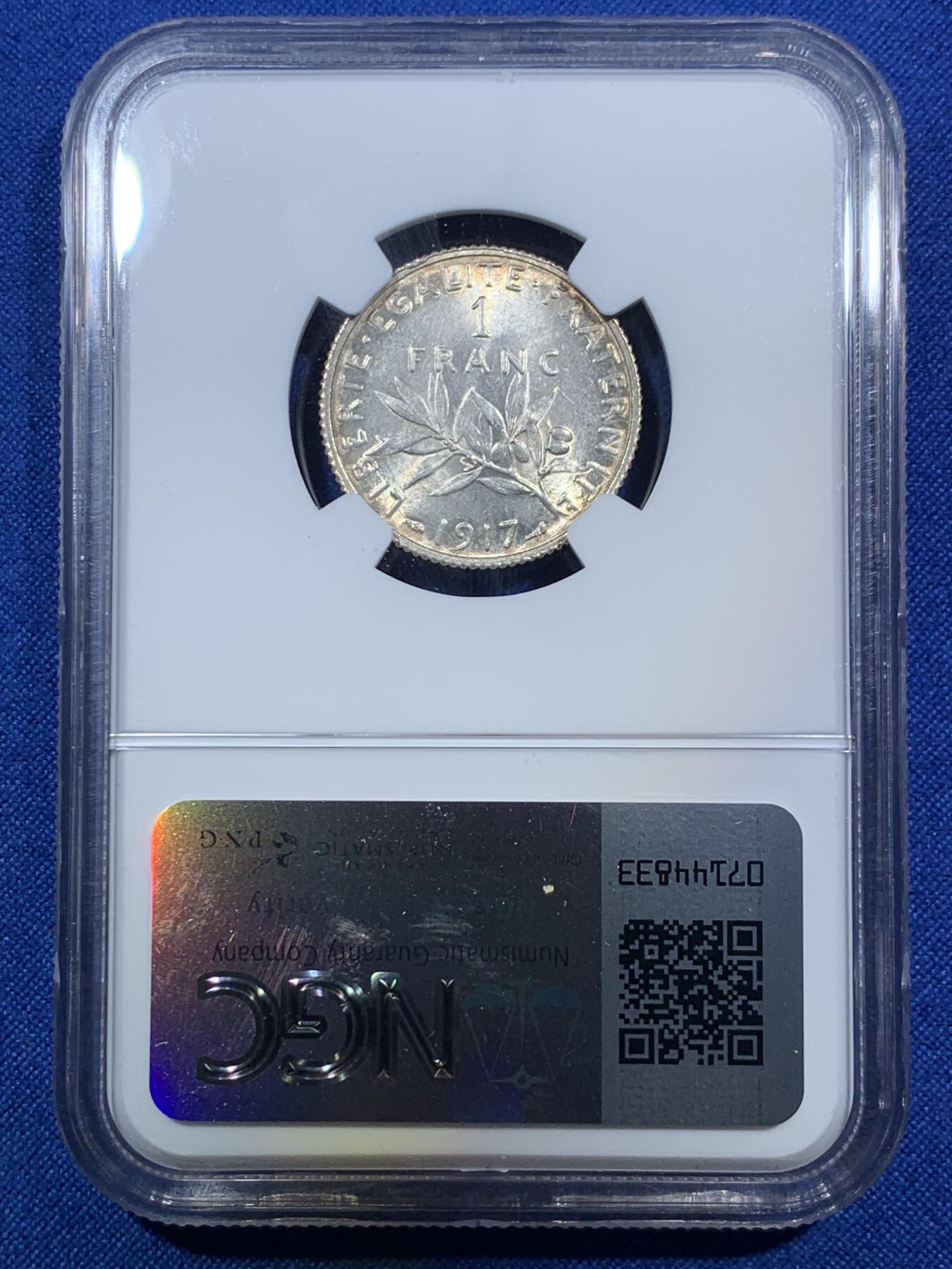 《竞宝斋》第287场-周六， 周日，周一 3场连拍 （全场包邮） NGC MS63 法国1917年播种女神1法郎银币