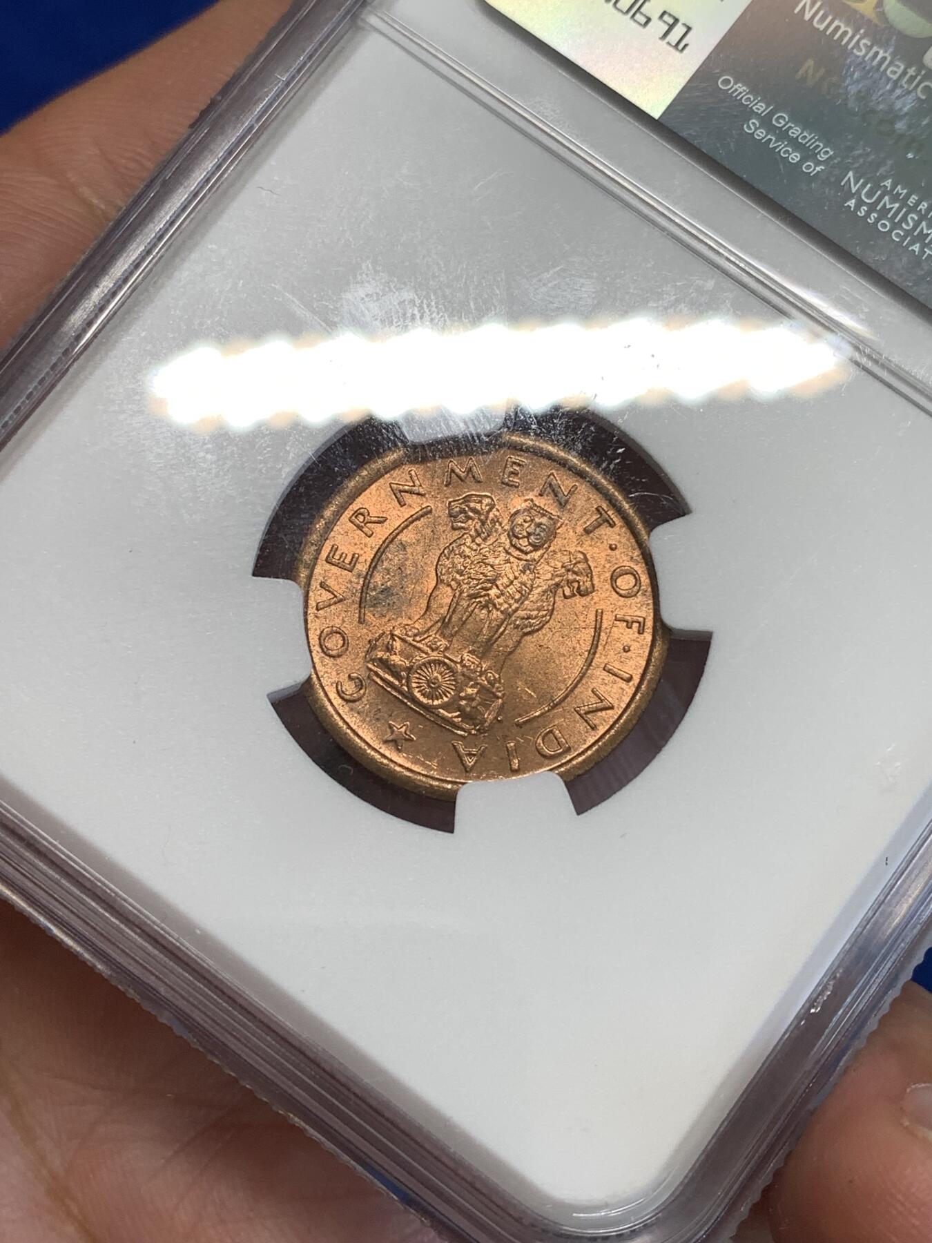 《竞宝斋》第287场-周六， 周日，周一 3场连拍 （全场包邮） NGC MS63RB 印度1951年小马1派沙铜币