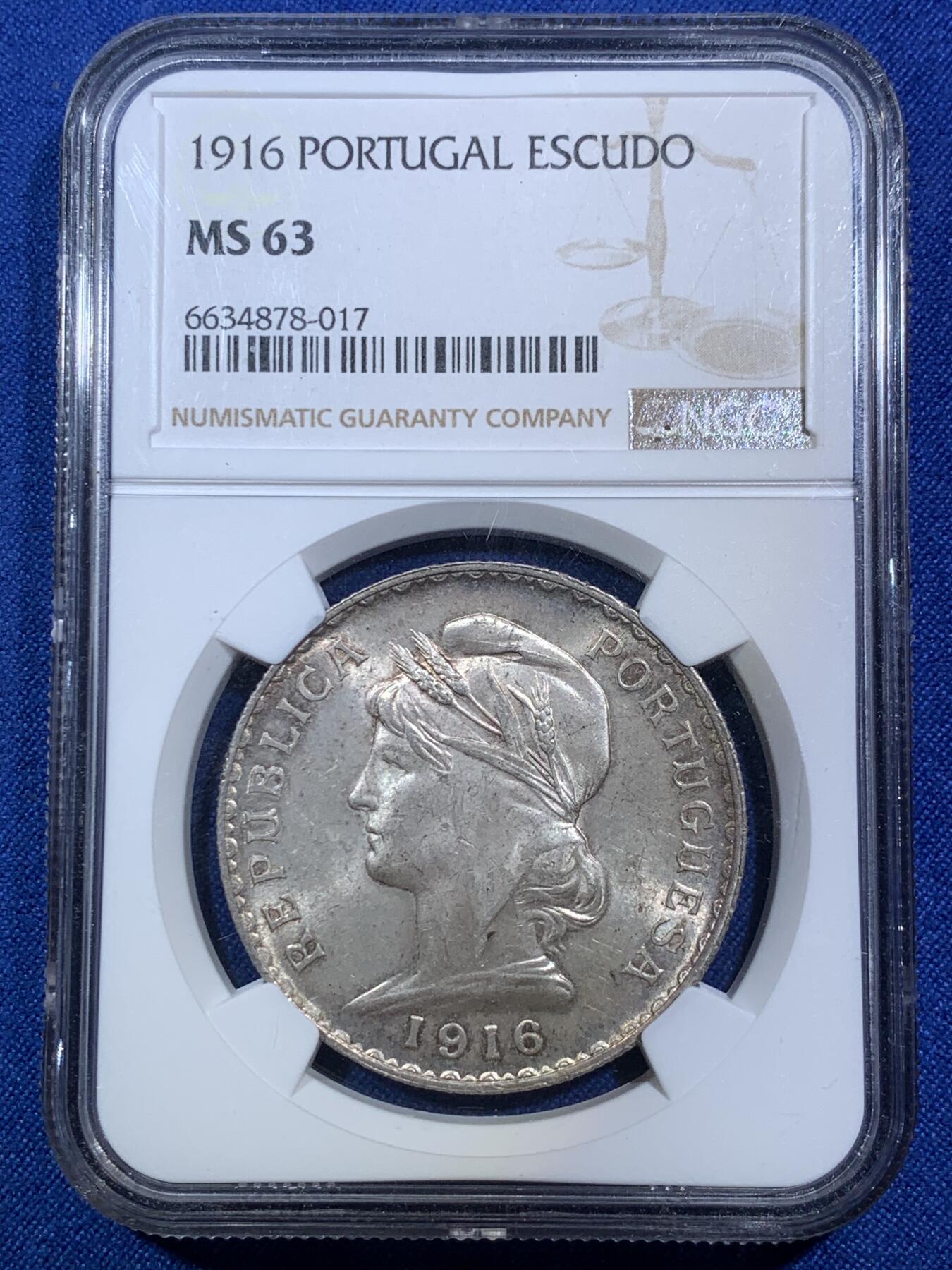 《竞宝斋》第287场-周六， 周日，周一 3场连拍 （全场包邮） NGC MS63 葡萄牙1916年自由女神1埃斯库多大银