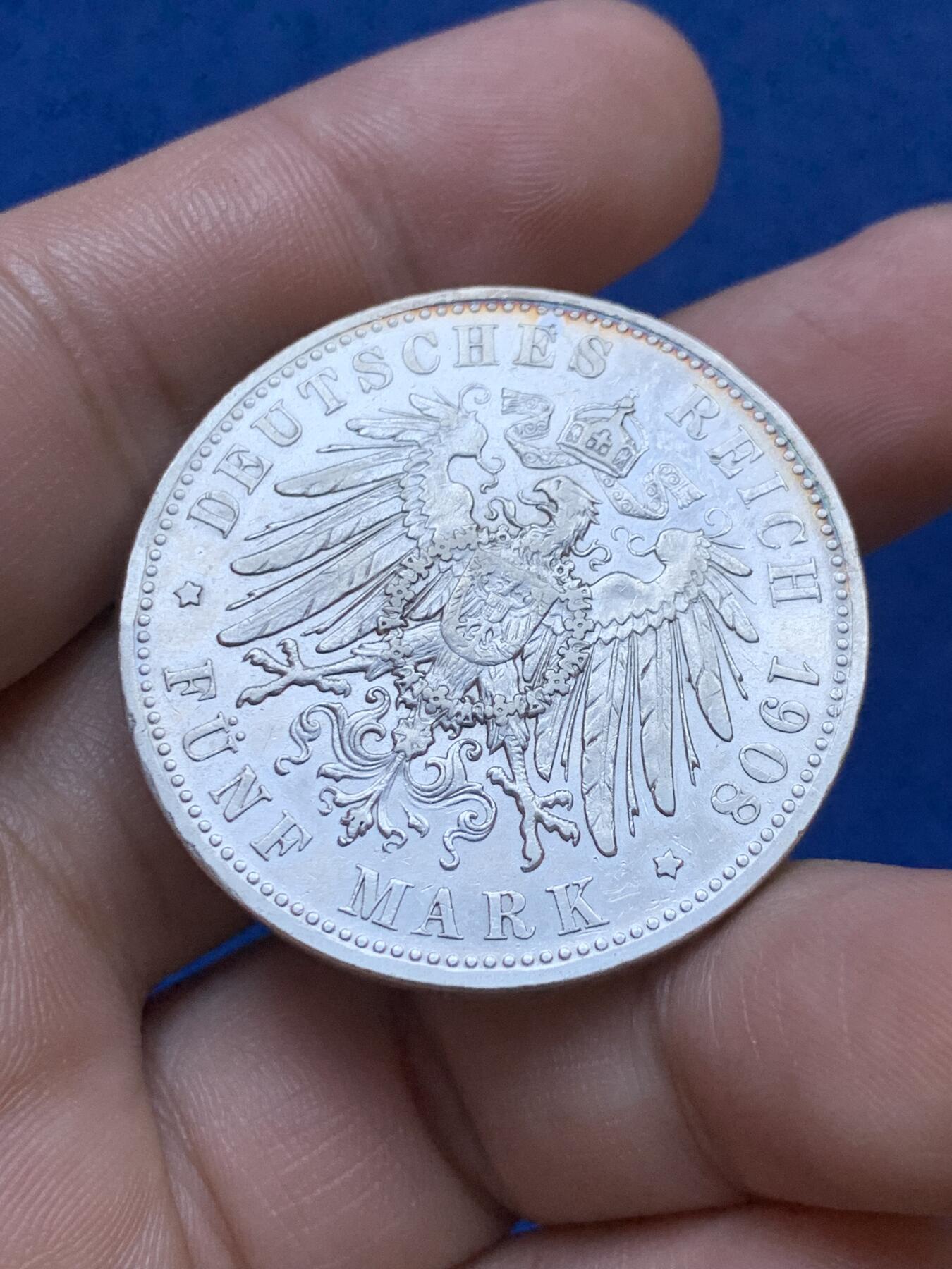 《竞宝斋》第287场-周六， 周日，周一 3场连拍 （全场包邮） 德国1908年萨克森梅宁根长须版5马克银币