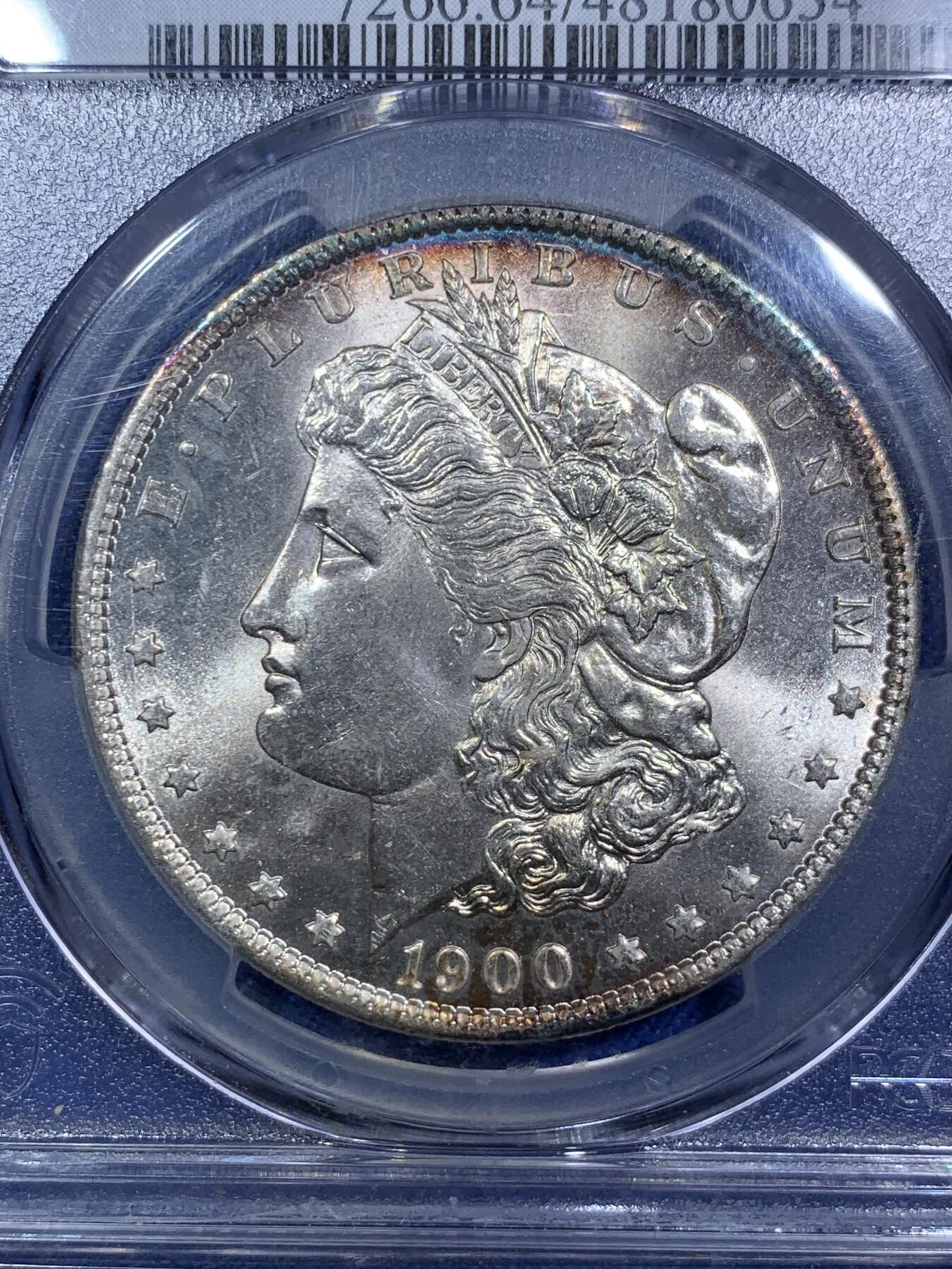 《竞宝斋》第287场-周六， 周日，周一 3场连拍 （全场包邮） PCGS MS64 美国1900年摩根银币O版 环彩包浆 市场上比较少年份的摩根银币。