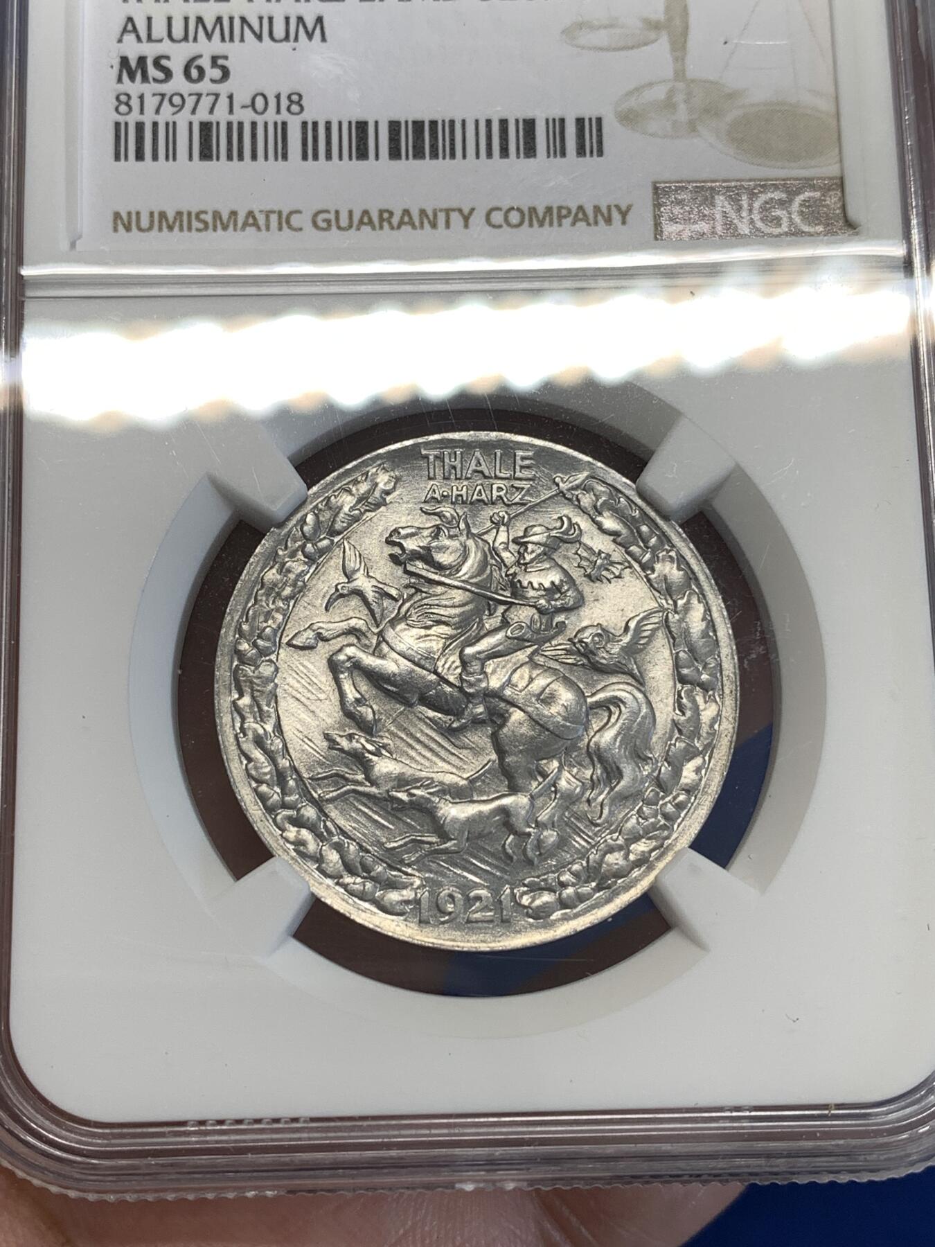 《竞宝斋》第287场-周六， 周日，周一 3场连拍 （全场包邮） NGC MS65 德国1921年塔勒市猎人与猎犬3马克铝币 德紧名誉品