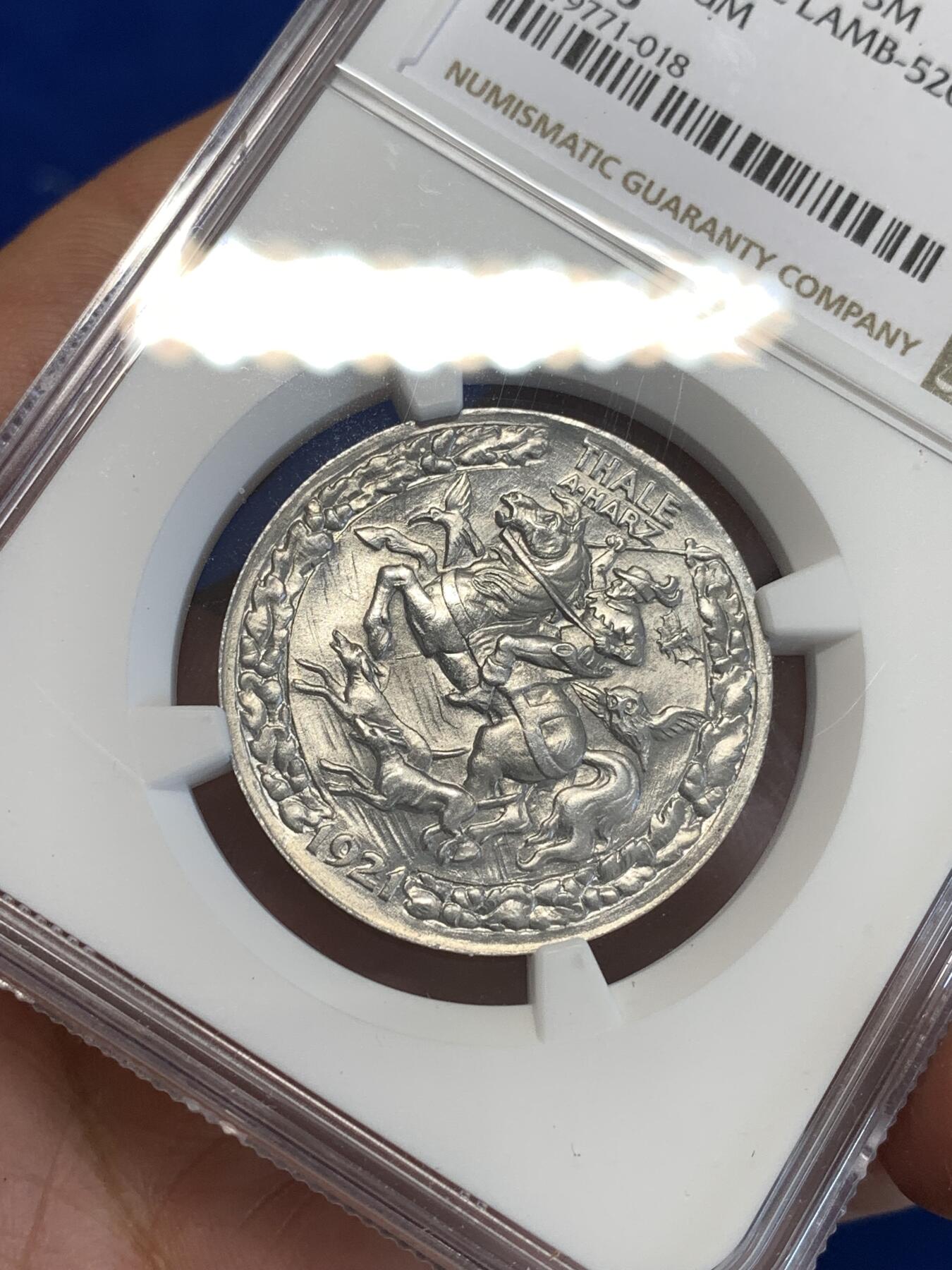 《竞宝斋》第287场-周六， 周日，周一 3场连拍 （全场包邮） NGC MS65 德国1921年塔勒市猎人与猎犬3马克铝币 德紧名誉品